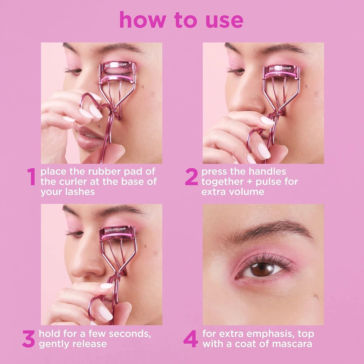 image:imageReal Techniques Miracle Eyelash Curler Gentle Lash Tool for Lifted Lashes Use with Mascara for Extra Volume TravelSize Lash Curler Comfort Grip amp PinchFree Design Pink CrueltyFree 1 Count