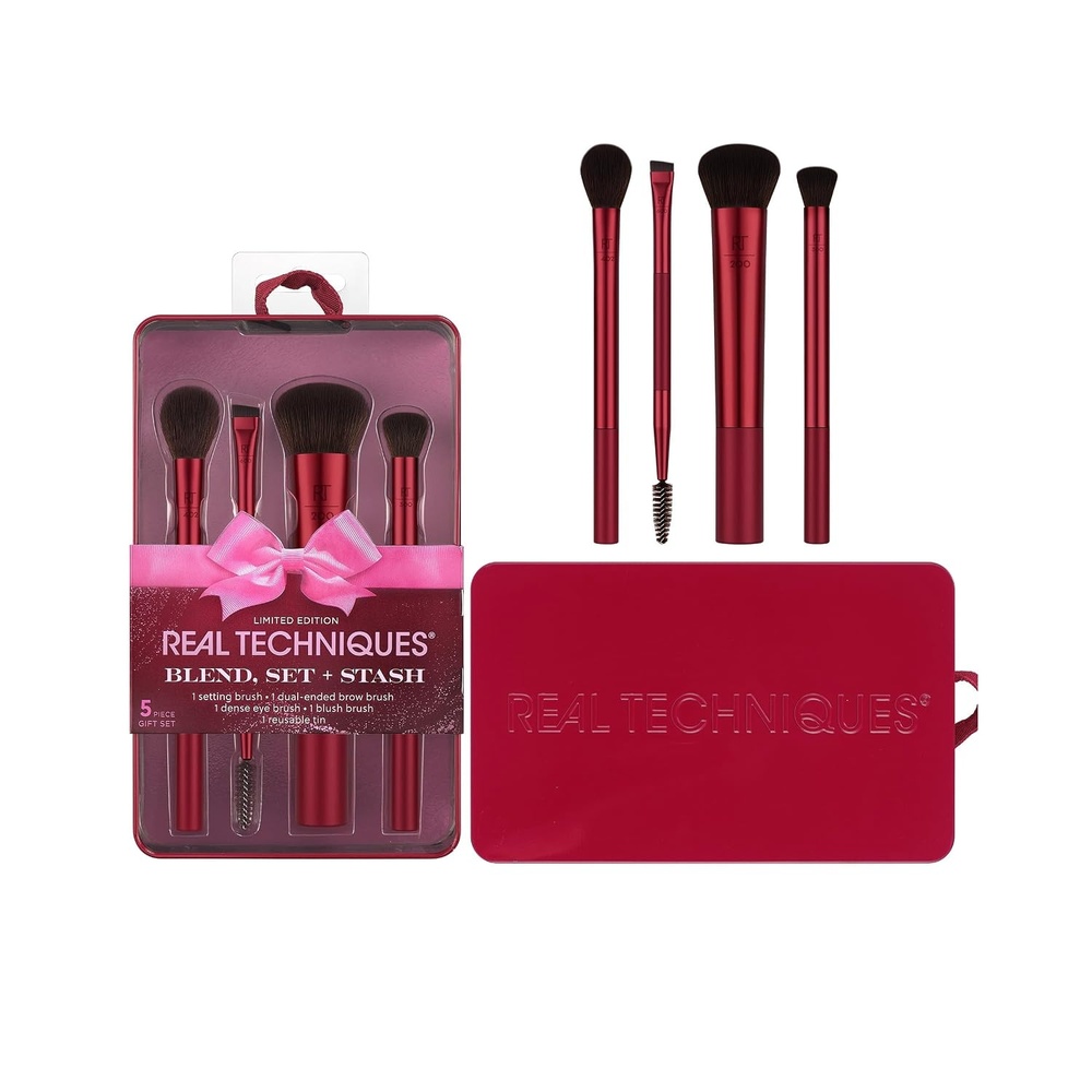 image:imageReal Techniques Blend Set Stash 5 Piece Holiday Makeup Brush Set with Storage Tin Face amp Eye Brushes for Foundation Powder Brows amp Eyeshadow Gift for Her CrueltyFree amp Vegan