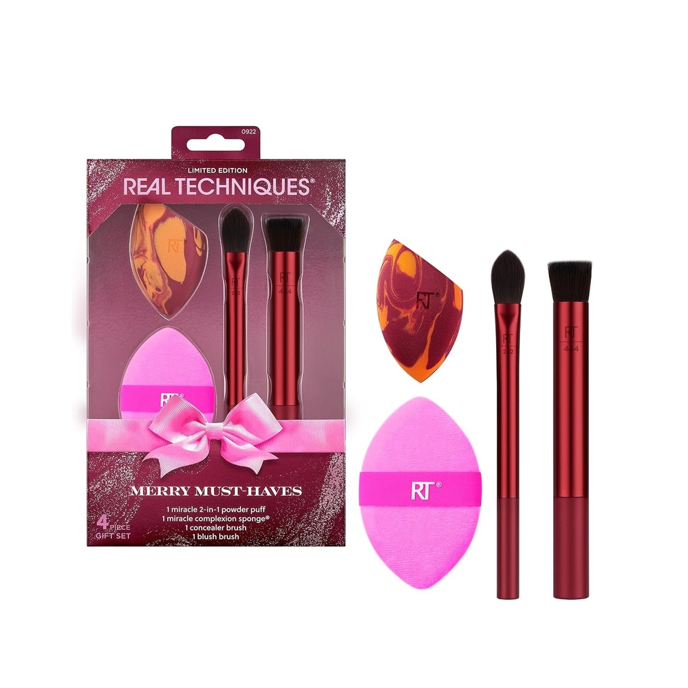 image:imageReal Techniques Merry MustHaves Holiday Gift Set 4 Piece Brush amp Sponge Set for Foundation Cheeks amp Powder Stocking Stuffer Gift for Her CrueltyFree amp Vegan