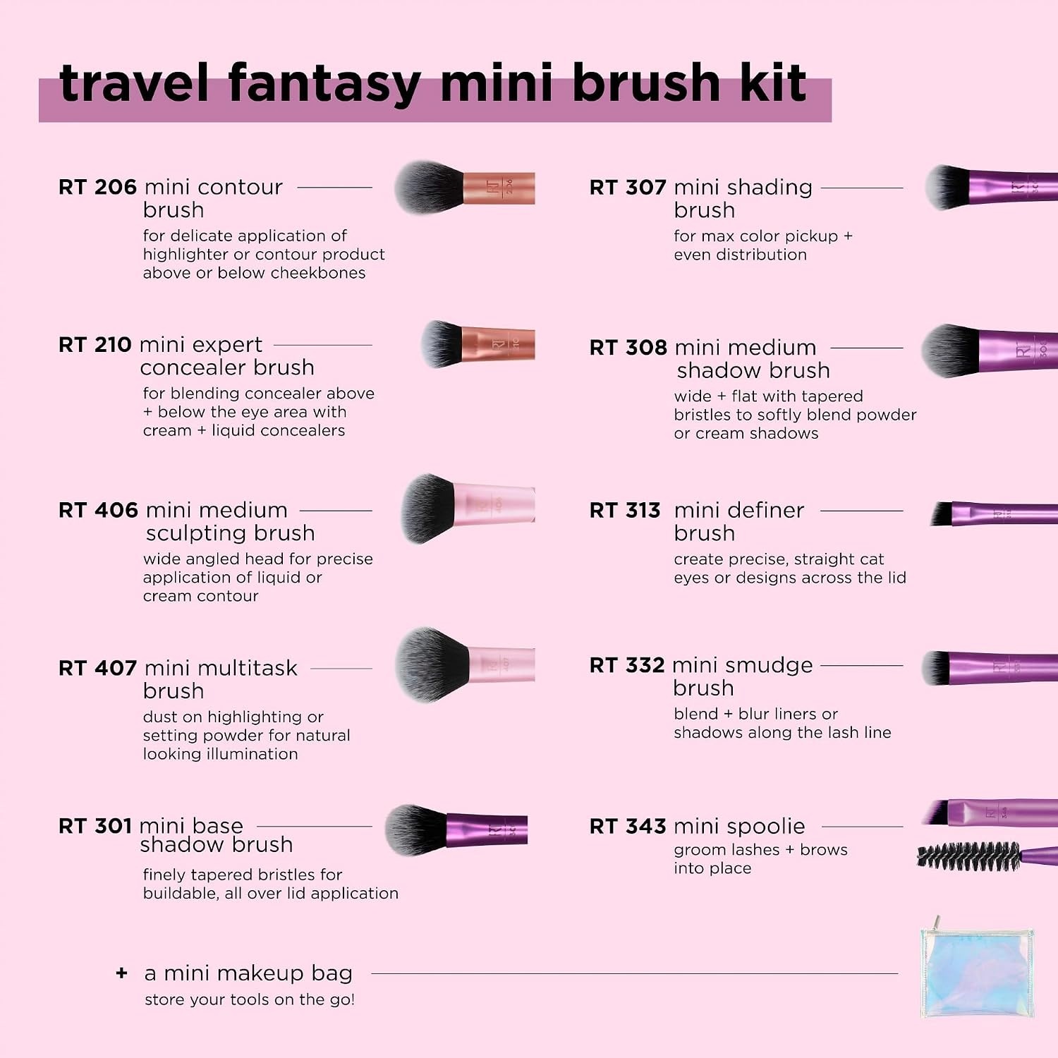 image:imageReal Techniques 11 Piece Travel Fantasy Mini Brush Set Travel Size Makeup Brushes For Foundation Eyeshadow Powder Blush Contour amp Concealer Makeup Bag Included Gift Set CrueltyFree10 Piece Set