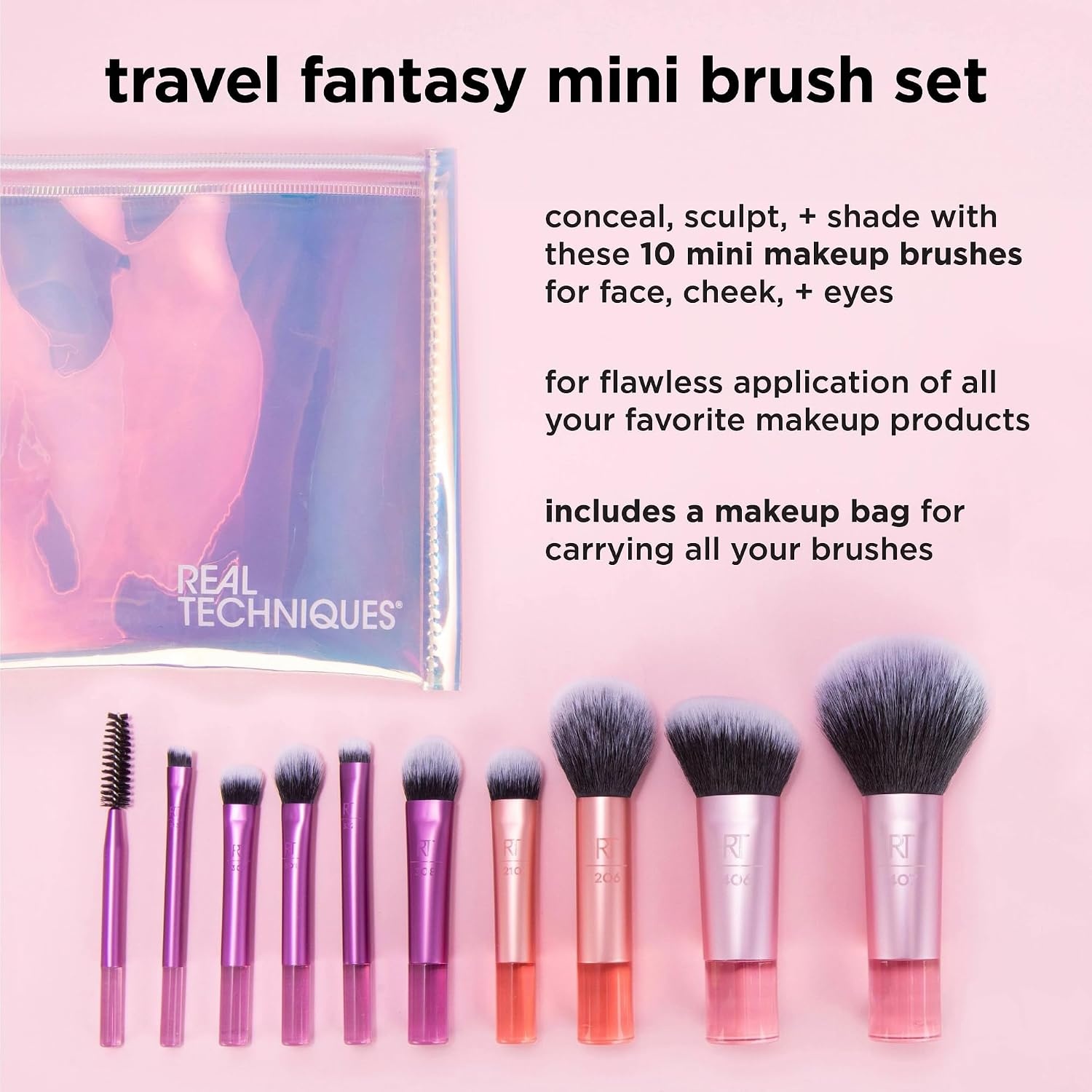 image:imageReal Techniques 11 Piece Travel Fantasy Mini Brush Set Travel Size Makeup Brushes For Foundation Eyeshadow Powder Blush Contour amp Concealer Makeup Bag Included Gift Set CrueltyFree10 Piece Set
