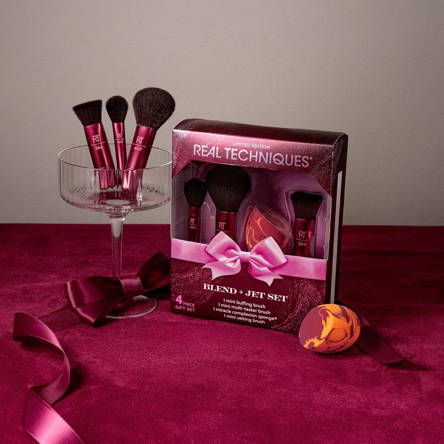 image:imageReal Techniques Blend Jet Set Travel Makeup Brush amp Sponge Set 4 Piece Mini Holiday Gift Set for Foundation Blush amp Setting Powder Compact amp Travel Friendly CrueltyFree amp Vegan