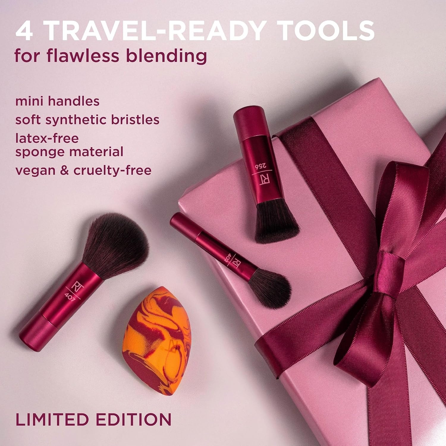 image:imageReal Techniques Blend Jet Set Travel Makeup Brush amp Sponge Set 4 Piece Mini Holiday Gift Set for Foundation Blush amp Setting Powder Compact amp Travel Friendly CrueltyFree amp Vegan