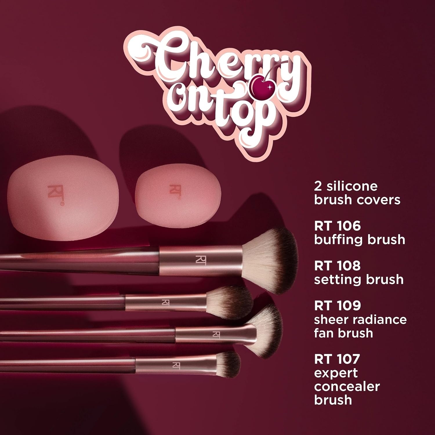 image:imageReal Techniques Cherry On Top A Brighter Hue Base Set Face Makeup Brushes amp Travel Covers For Foundation Concealer Powder amp Blush Synthetic Bristles Vegan amp CrueltyFree 6 Piece SetBase Set