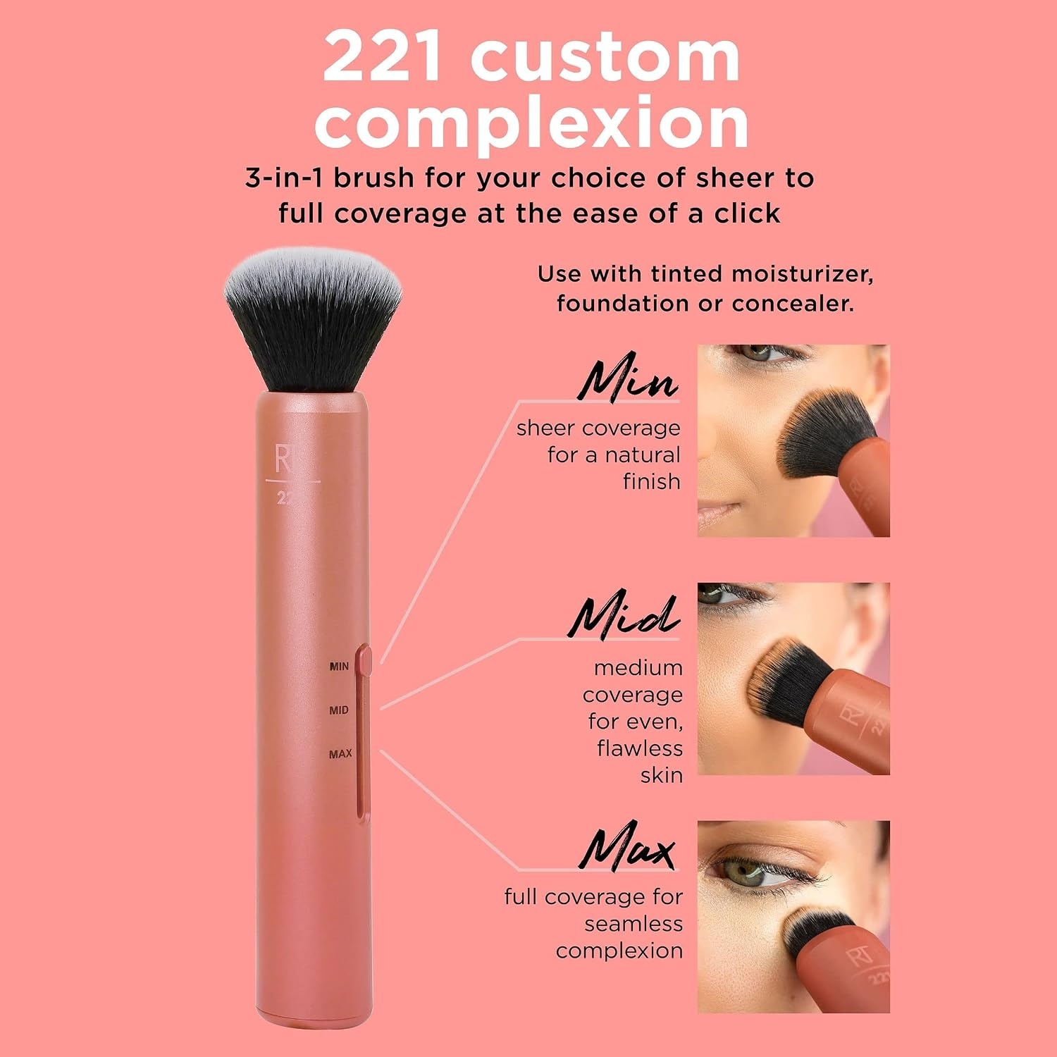 image:imageReal Techniques Custom Complexion Foundation 3in1 Brush Custom Slide For Foundation amp Concealer 3 Settings For Sheer Medium or Focused Application TravelSize Kabuki CrueltyFree 1 Count1 Count Pack of 1
