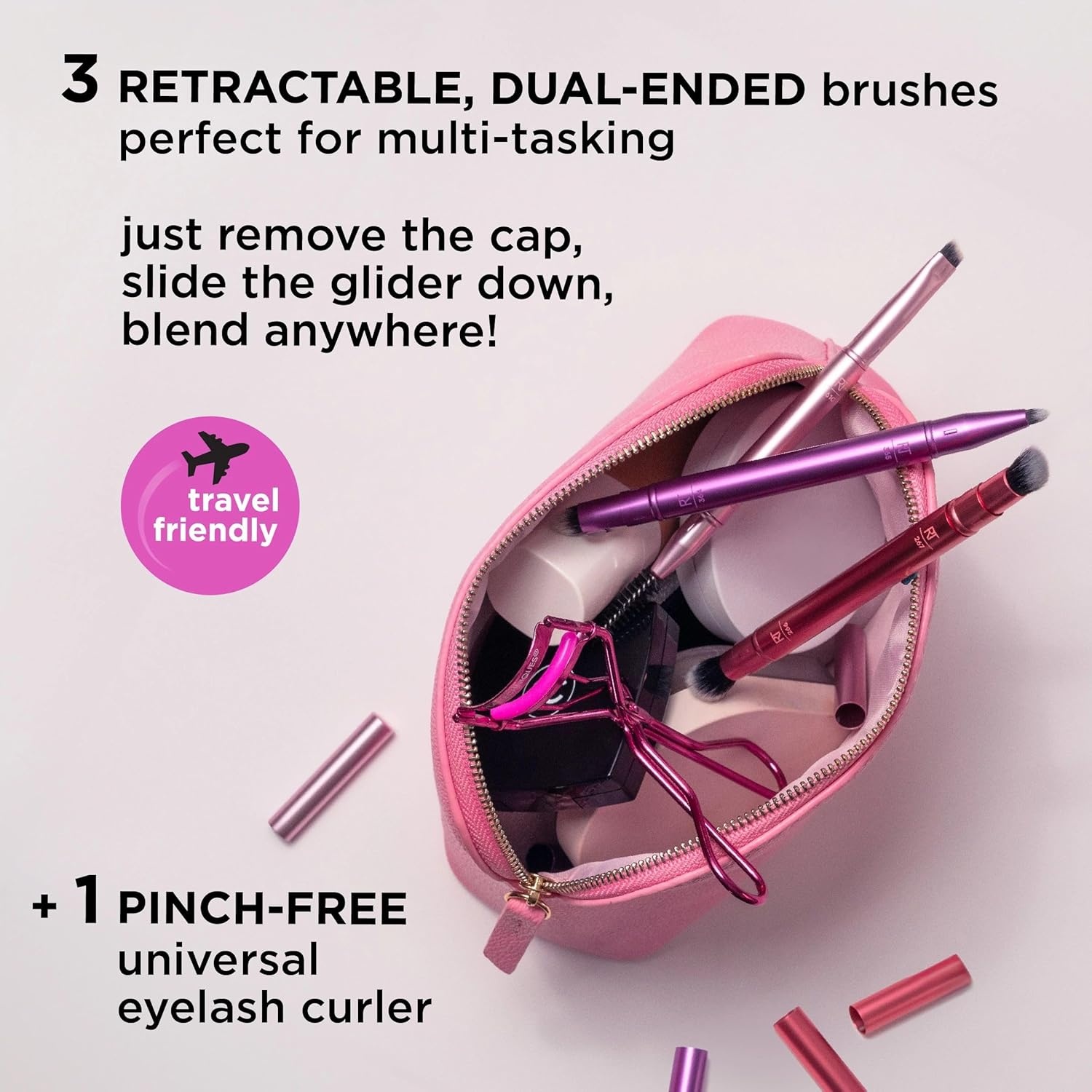 image:imageReal Techniques Double Time Brush Lash 4 Piece Set DualEnded Eye Makeup Brushes For Eyeshadow amp Brows TravelFriendly Brush Caps For Storage Eyelash Curler Included CrueltyFree