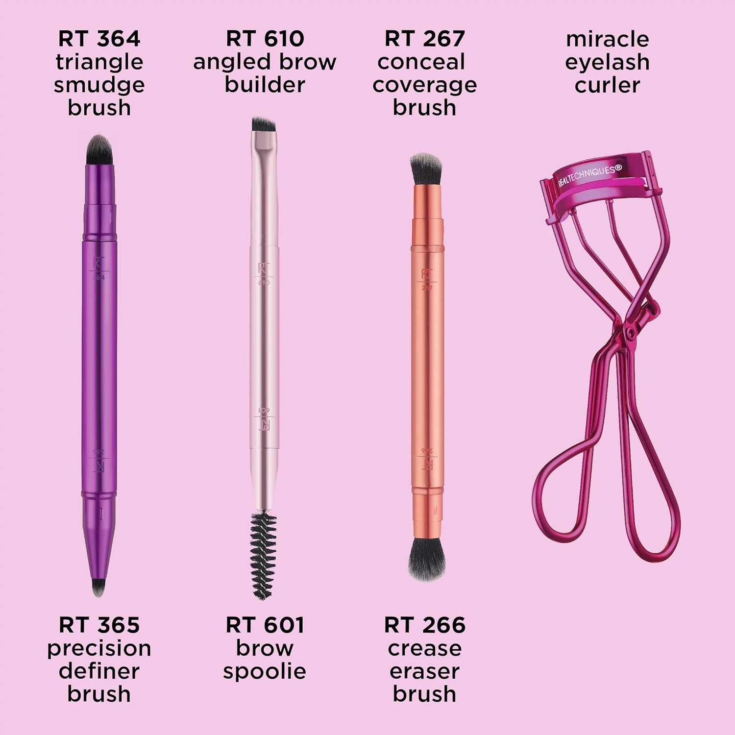 image:imageReal Techniques Double Time Brush Lash 4 Piece Set DualEnded Eye Makeup Brushes For Eyeshadow amp Brows TravelFriendly Brush Caps For Storage Eyelash Curler Included CrueltyFree