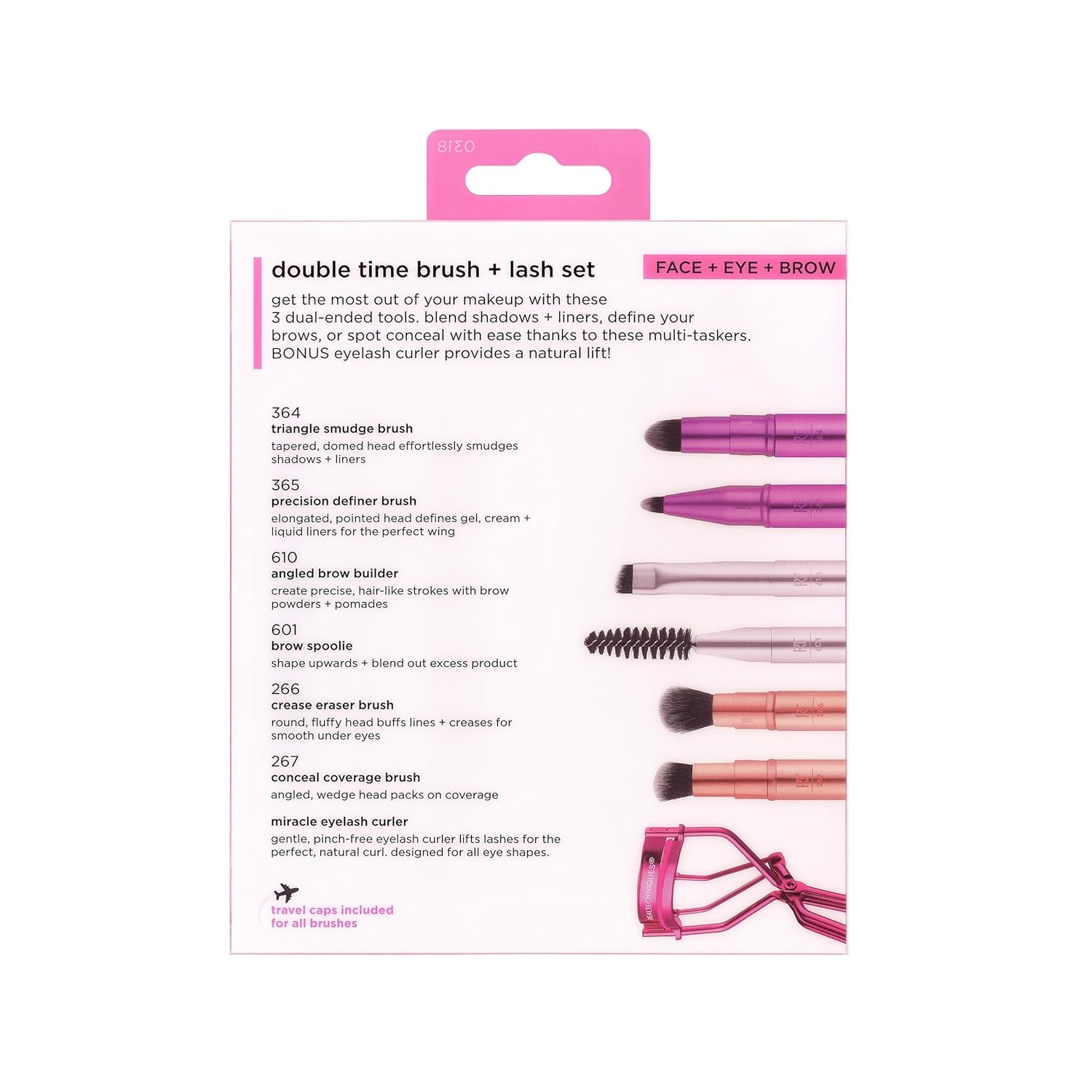 image:imageReal Techniques Double Time Brush Lash 4 Piece Set DualEnded Eye Makeup Brushes For Eyeshadow amp Brows TravelFriendly Brush Caps For Storage Eyelash Curler Included CrueltyFree