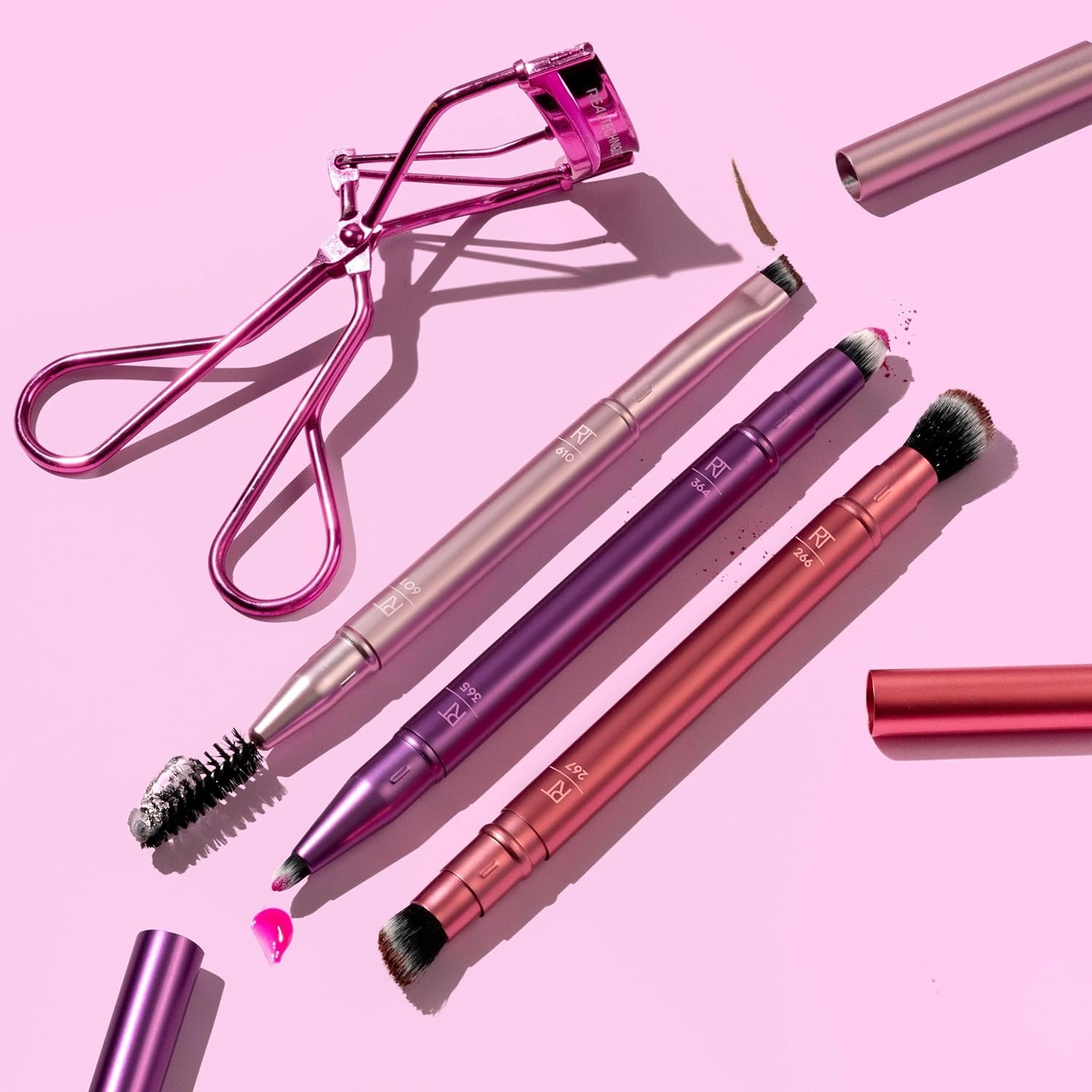 image:imageReal Techniques Double Time Brush Lash 4 Piece Set DualEnded Eye Makeup Brushes For Eyeshadow amp Brows TravelFriendly Brush Caps For Storage Eyelash Curler Included CrueltyFree