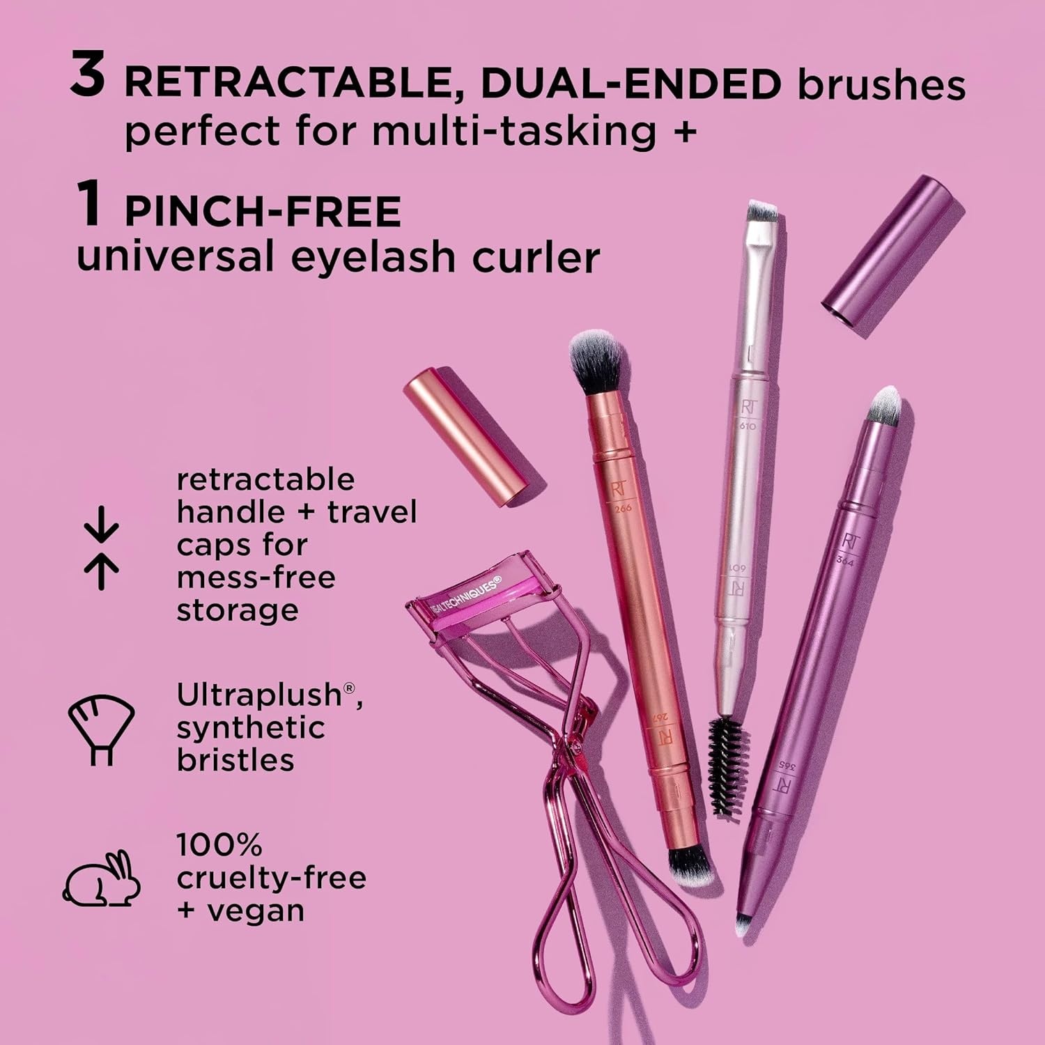 image:imageReal Techniques Double Time Brush Lash 4 Piece Set DualEnded Eye Makeup Brushes For Eyeshadow amp Brows TravelFriendly Brush Caps For Storage Eyelash Curler Included CrueltyFree