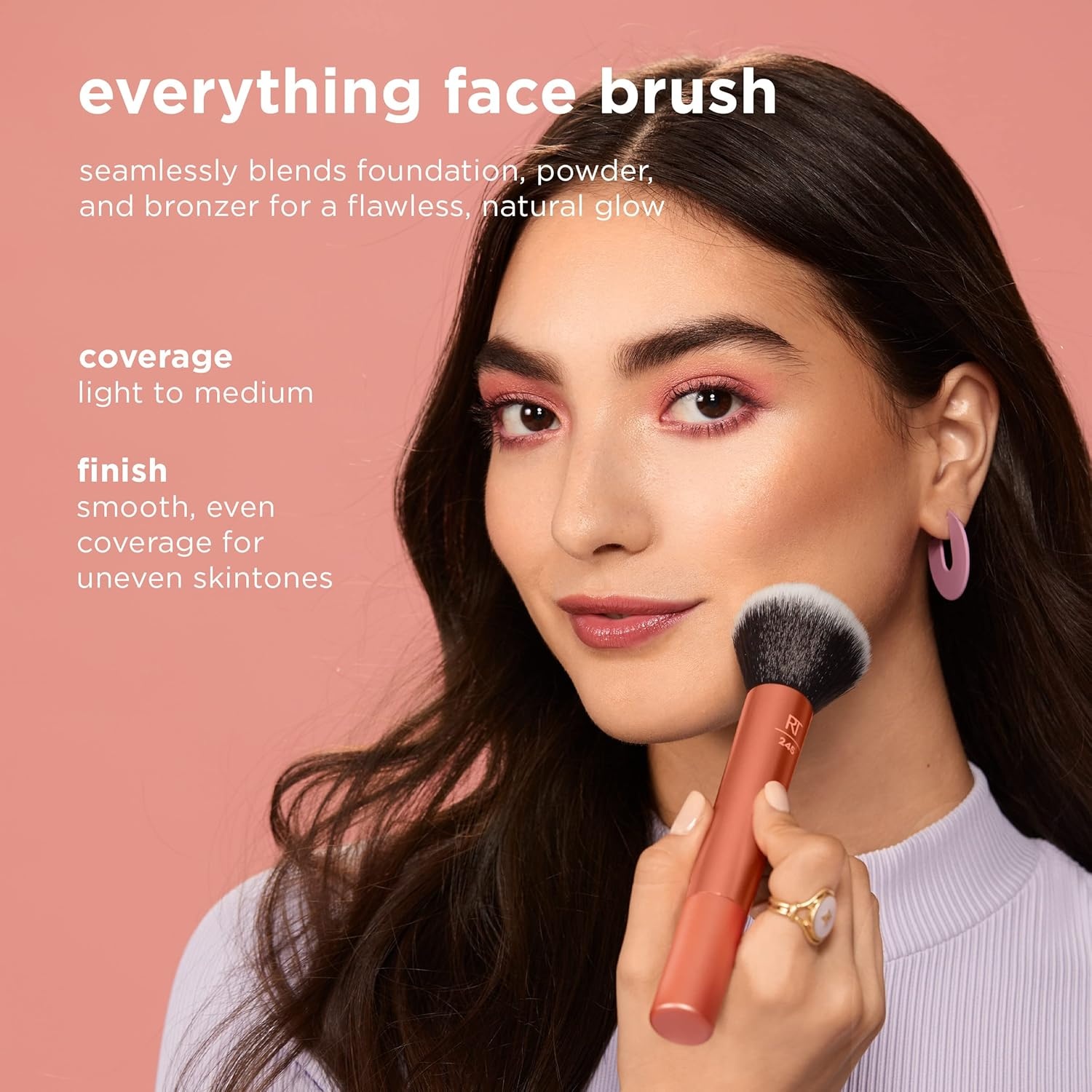 image:imageReal Techniques Everything Face Makeup Brush Flawless Finish Streak Free Makeup Application For Foundation amp Powder Makeup Application Fluffy Face Brush Cruelty Free 1 Count Orange