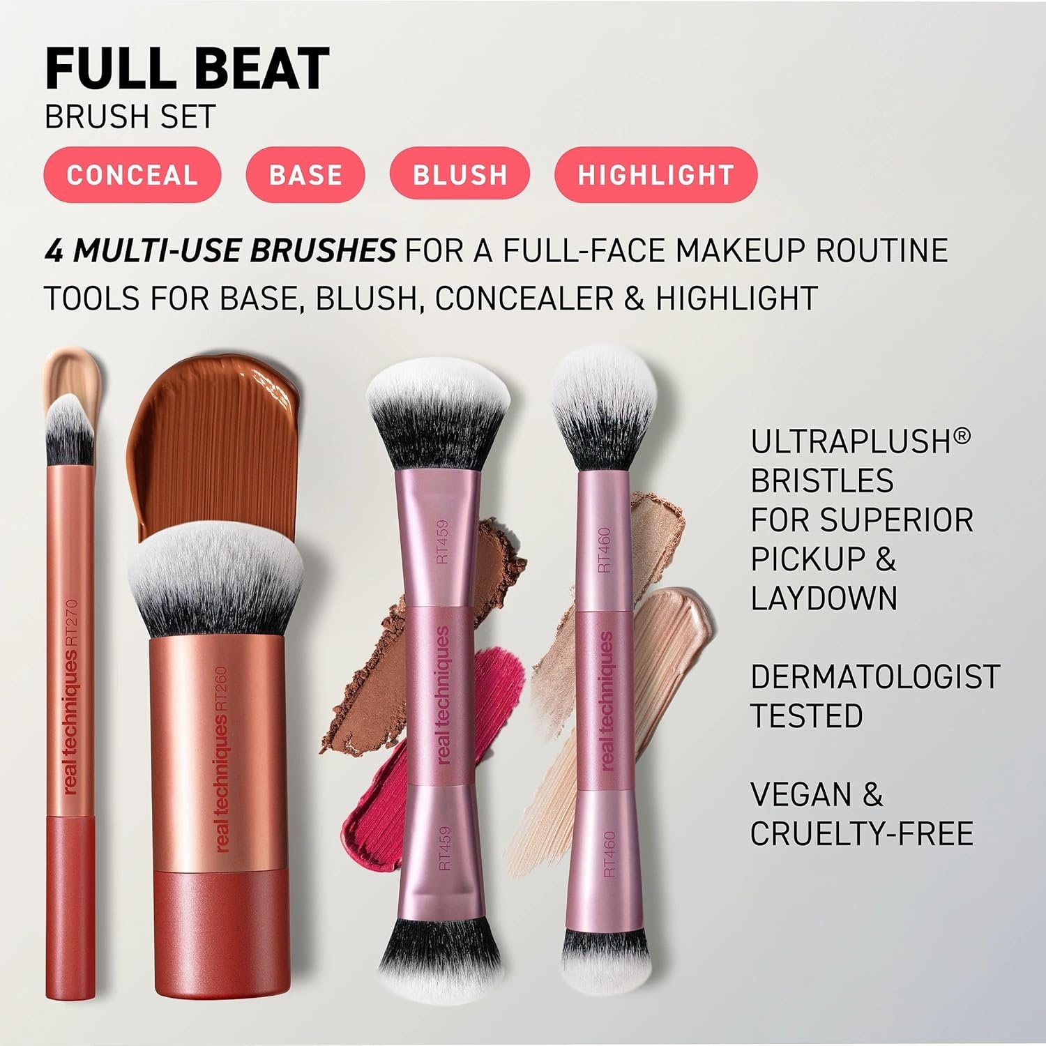 image:imageReal Techniques Full Beat Makeup Brush Set 4 Piece Brush Kit for Foundation Concealer Blush Contour Highlight amp Powder Blending Travel Set Soft UltraPlush Bristles CrueltyFreeFull Beat Makeup Brush Set