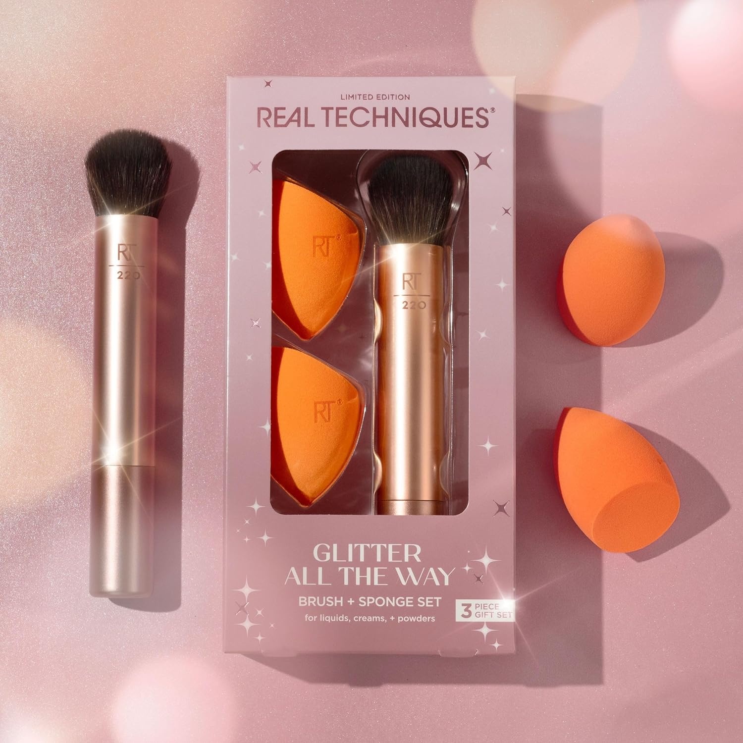 image:imageReal Techniques Glitter All The Way Brush Sponge 3 Piece Holiday Gift Set Makeup Sponges amp Makeup Brush For Liquid amp Cream Foundation Contour amp Blush Stocking Stuffer Limited Edition