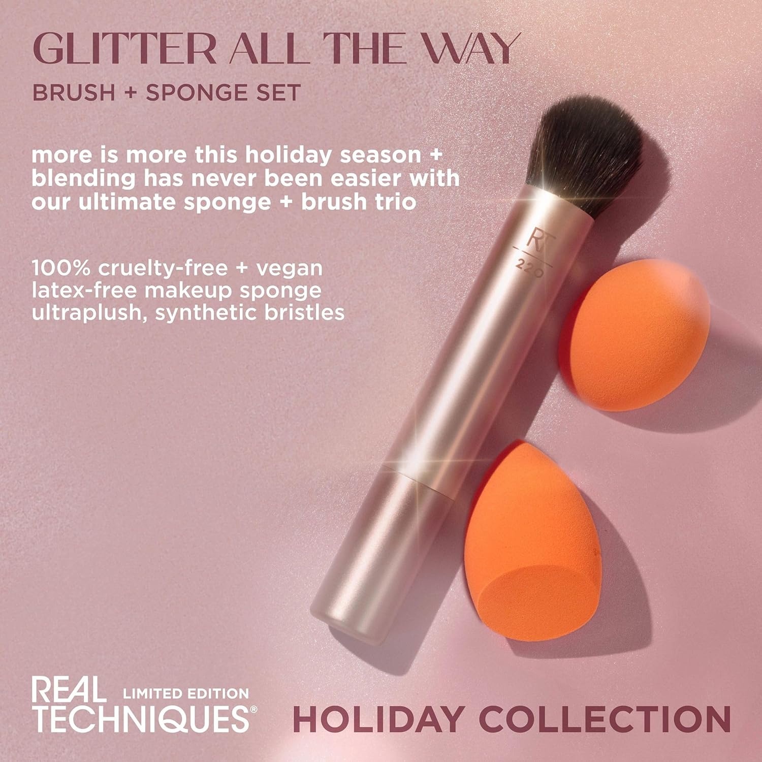image:imageReal Techniques Glitter All The Way Brush Sponge 3 Piece Holiday Gift Set Makeup Sponges amp Makeup Brush For Liquid amp Cream Foundation Contour amp Blush Stocking Stuffer Limited Edition