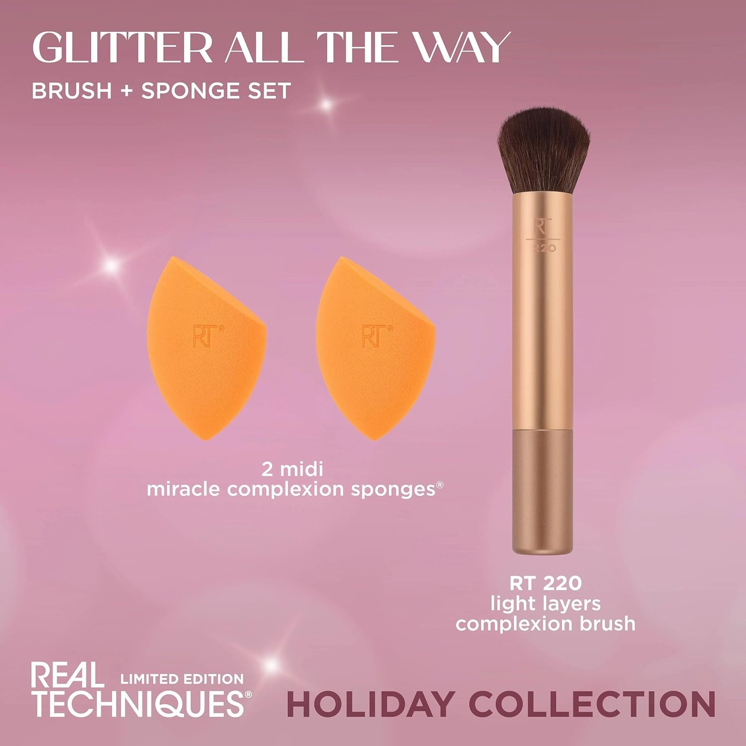 image:imageReal Techniques Glitter All The Way Brush Sponge 3 Piece Holiday Gift Set Makeup Sponges amp Makeup Brush For Liquid amp Cream Foundation Contour amp Blush Stocking Stuffer Limited Edition