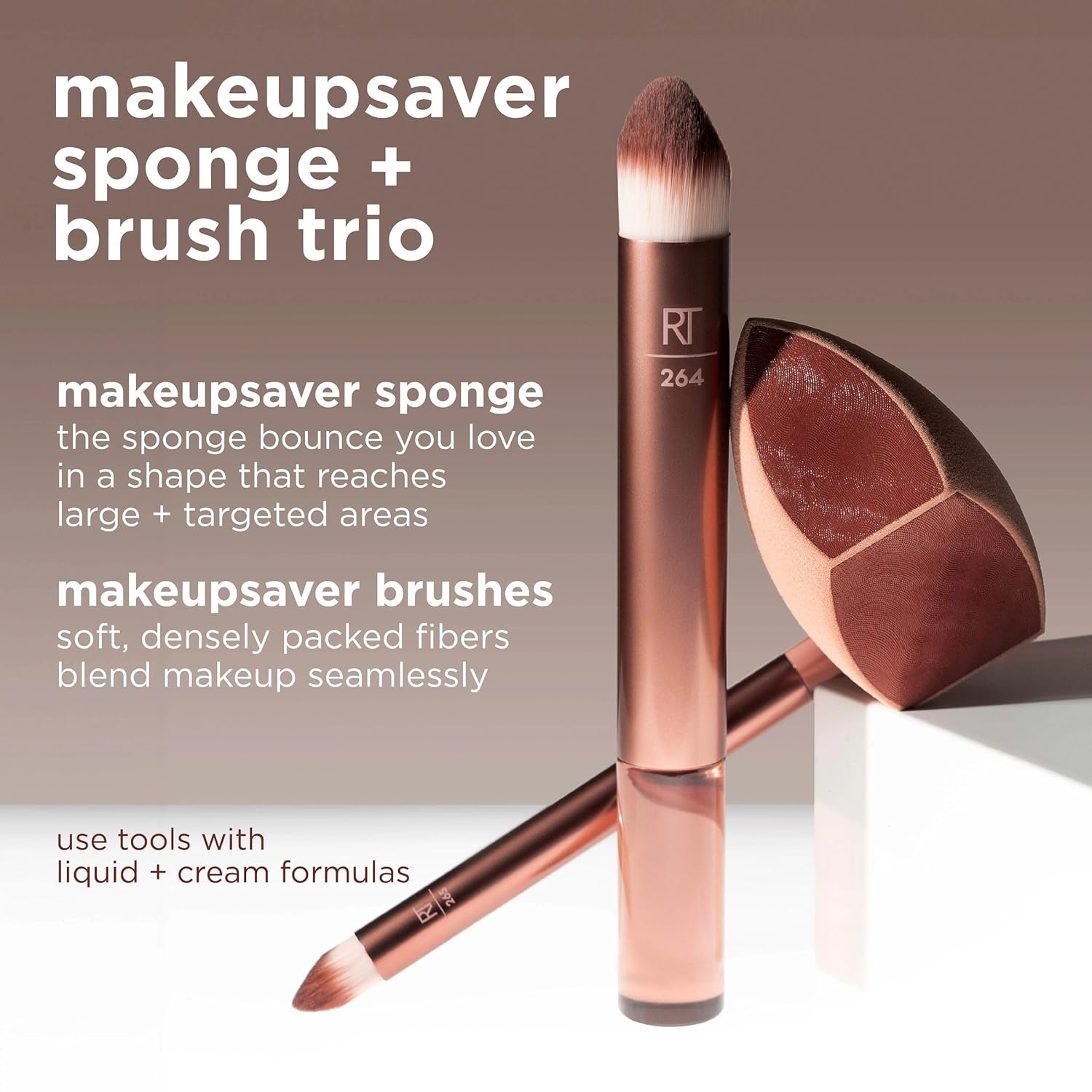 image:imageReal Techniques Makeupsaver Sponge Brush Trio Makeup Blending Sponge amp Brushes For Liquid amp Cream Foundation Natural Finish amp Reduces Makeup Waste Cruelty amp LatexFree 3 Piece Set