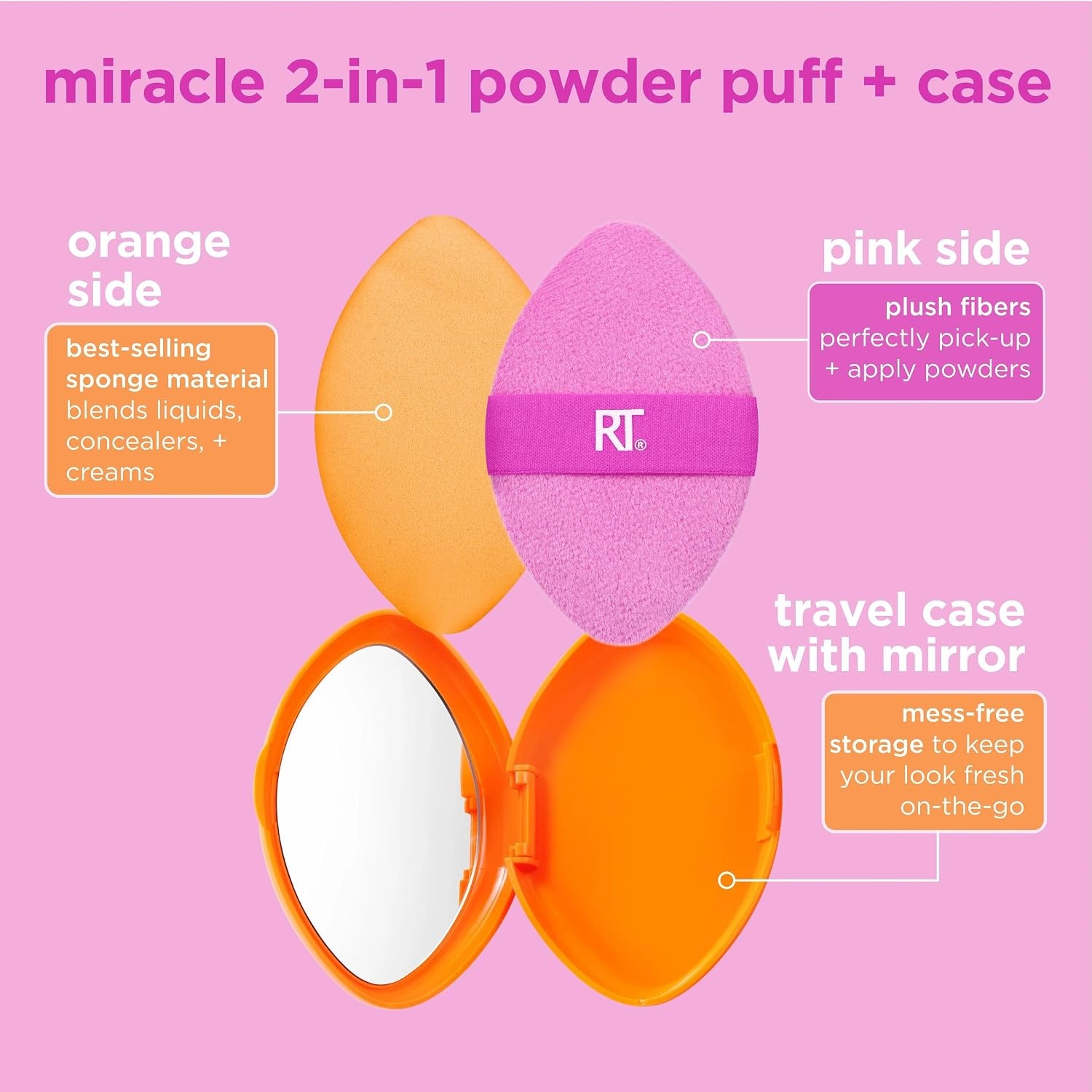 image:imageReal Techniques Miracle 2In1 Powder Puff Travel Case DualSided Makeup Blending Puff Elastic Band Precision Makeup Sponge amp Powder Puff For Liquid Cream amp Powders Travel Case 2 Count2 Piece Set