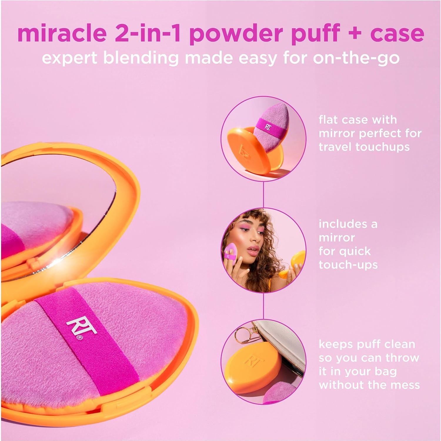 image:imageReal Techniques Miracle 2In1 Powder Puff Travel Case DualSided Makeup Blending Puff Elastic Band Precision Makeup Sponge amp Powder Puff For Liquid Cream amp Powders Travel Case 2 Count2 Piece Set