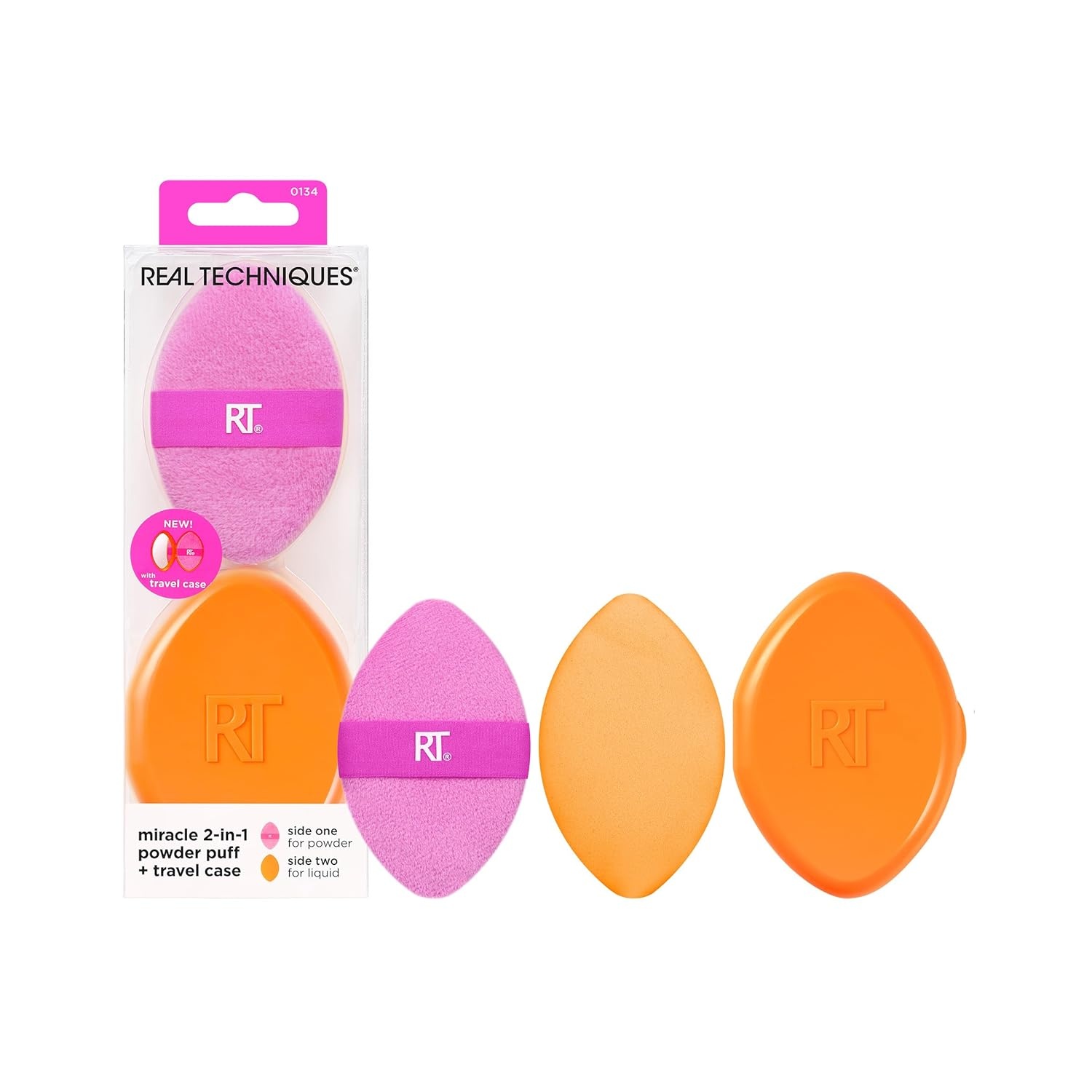 image:imageReal Techniques Miracle 2In1 Powder Puff Travel Case DualSided Makeup Blending Puff Elastic Band Precision Makeup Sponge amp Powder Puff For Liquid Cream amp Powders Travel Case 2 Count2 Piece Set