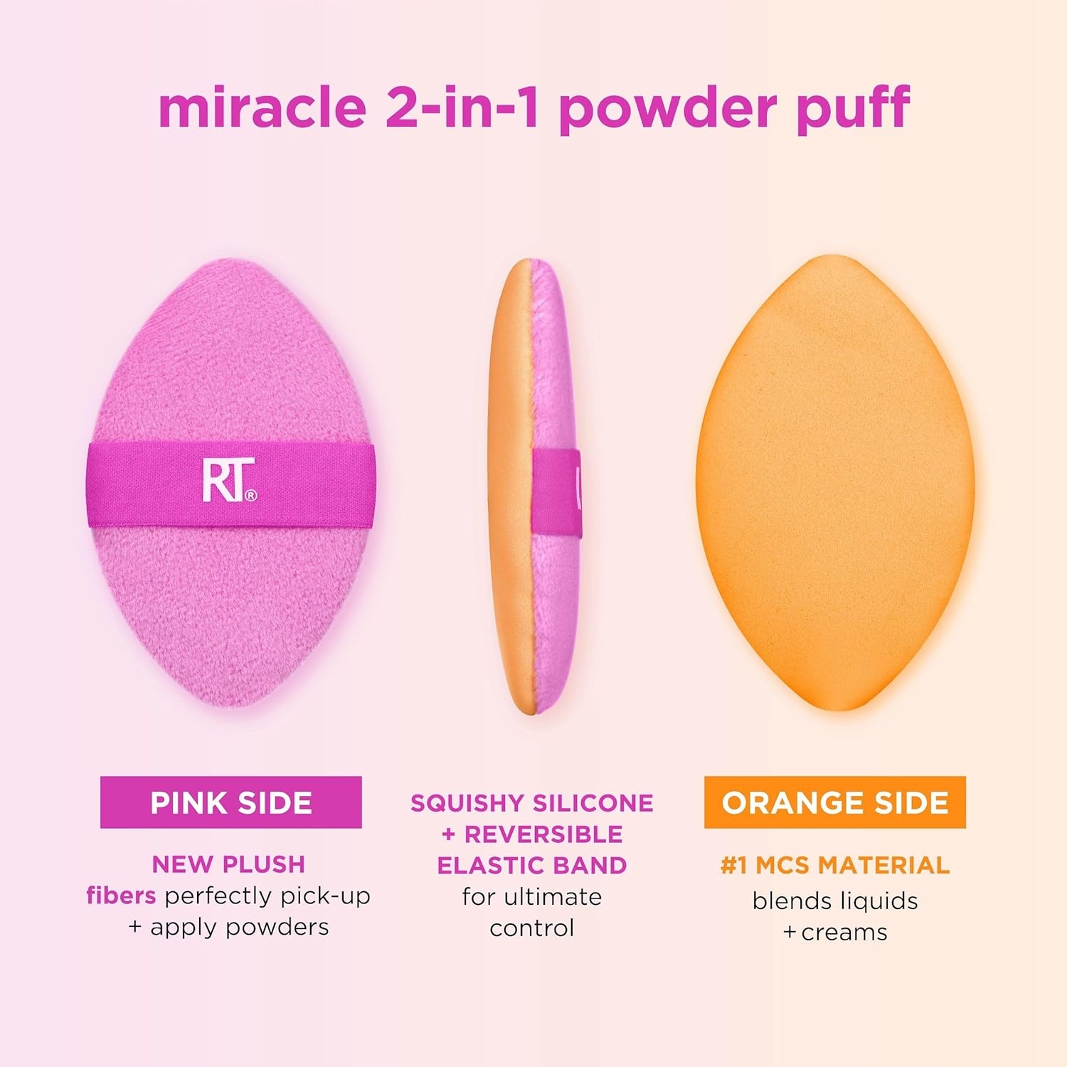 image:imageReal Techniques Miracle 2In1 Powder Puff 2 Pack DualSided Full Size Makeup Blending Puff Reversible Elastic Band Makeup Sponge amp Powder Puff For Liquid Cream amp Powder Products CruletyFree