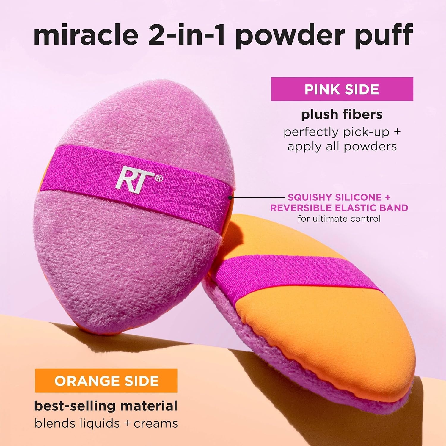 image:imageReal Techniques Miracle 2In1 Powder Puff 4 Pack DualSided Full Size Makeup Blending Puff Reversible Elastic Band Makeup Sponge amp Powder Puff For Liquid Cream amp Powder Products CrueltyFree