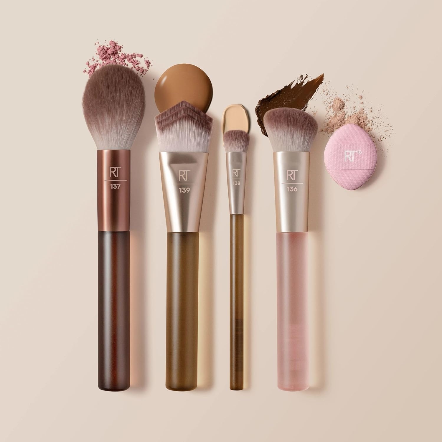 image:imageReal Techniques New Nudes Blurred Base Kit 5 Piece Face Makeup Brush Set with Powder Puff for Foundation Concealer Blush Contour amp Powder Blending Soft Bristles CrueltyFreeBlurred Base Kit 5 Count