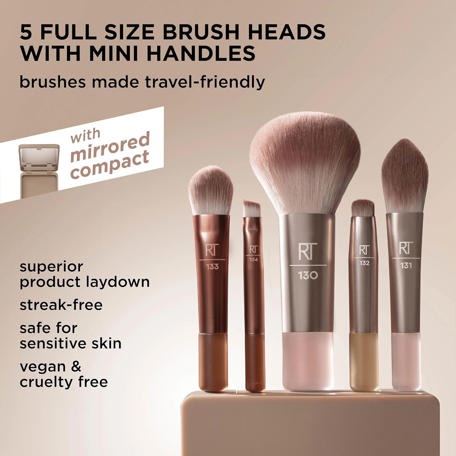 image:imageReal Techniques New Nudes Blurred Base Kit 5 Piece Face Makeup Brush Set with Powder Puff for Foundation Concealer Blush Contour amp Powder Blending Soft Bristles CrueltyFreeMini Brush Kit 6 Count