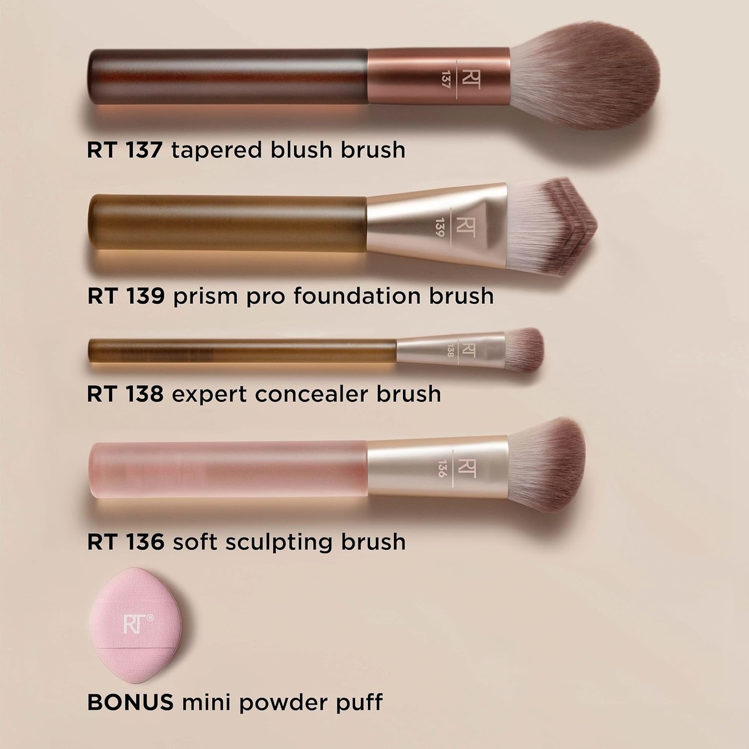 image:imageReal Techniques New Nudes Blurred Base Kit 5 Piece Face Makeup Brush Set with Powder Puff for Foundation Concealer Blush Contour amp Powder Blending Soft Bristles CrueltyFreeBlurred Base Kit 5 Count
