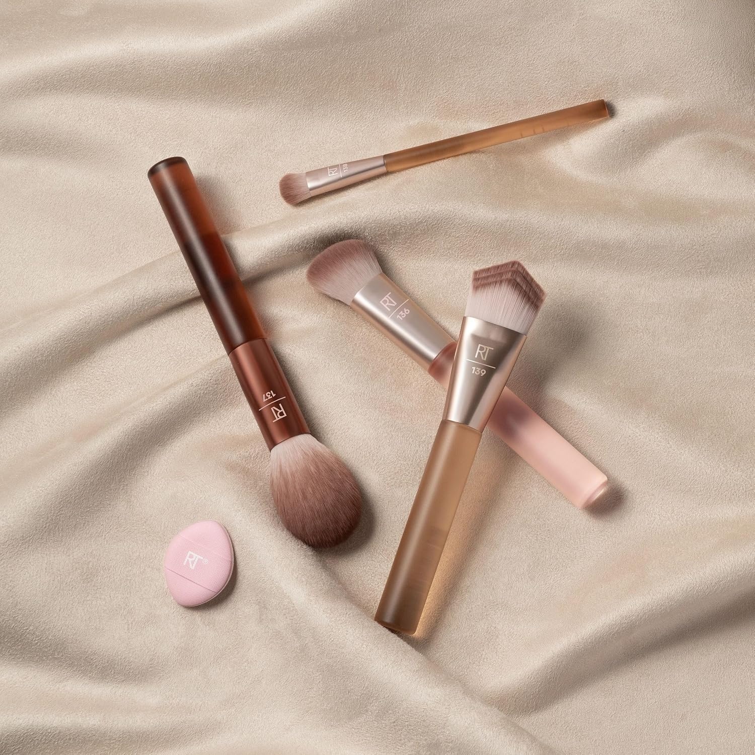 image:imageReal Techniques New Nudes Blurred Base Kit 5 Piece Face Makeup Brush Set with Powder Puff for Foundation Concealer Blush Contour amp Powder Blending Soft Bristles CrueltyFreeBlurred Base Kit 5 Count