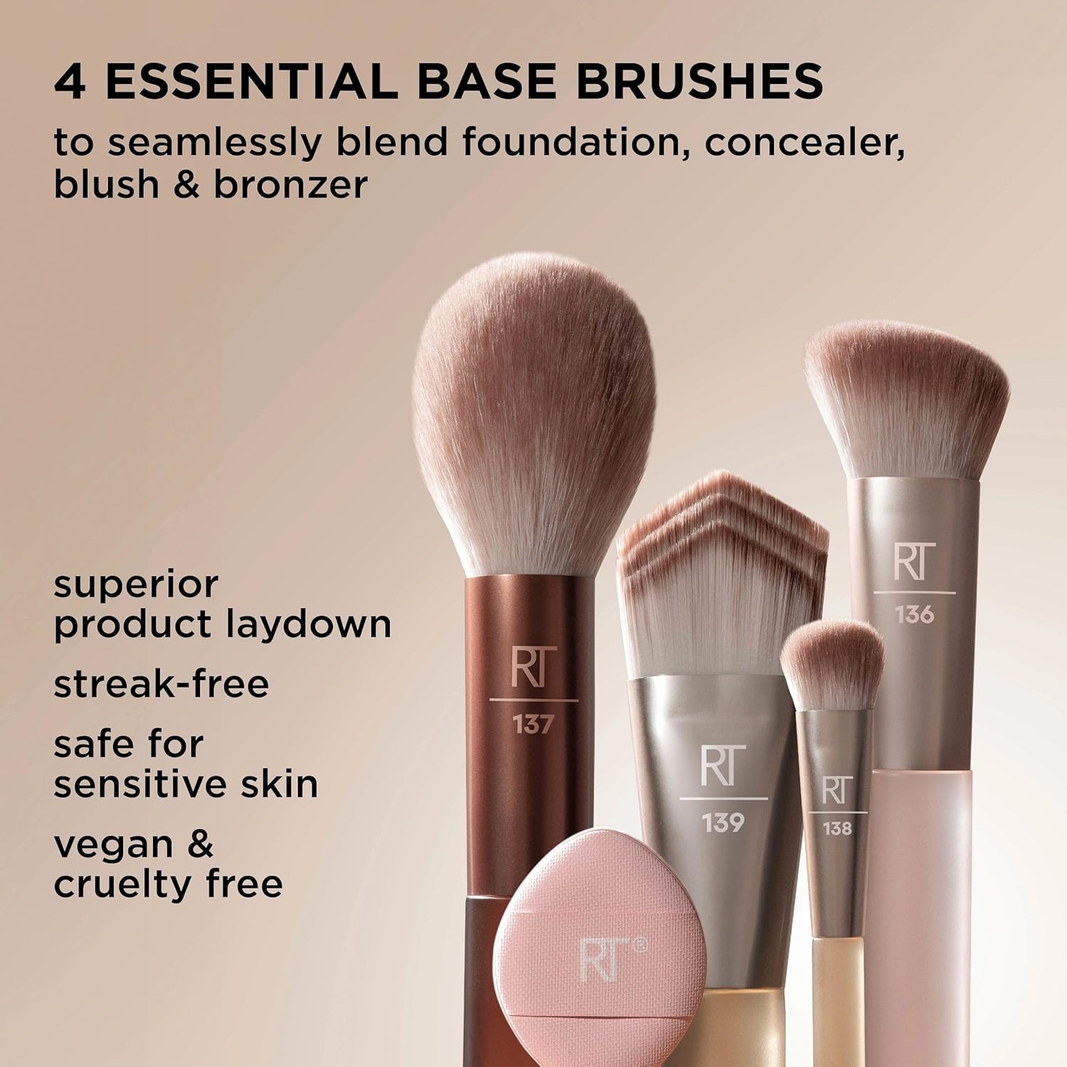 image:imageReal Techniques New Nudes Blurred Base Kit 5 Piece Face Makeup Brush Set with Powder Puff for Foundation Concealer Blush Contour amp Powder Blending Soft Bristles CrueltyFreeBlurred Base Kit 5 Count