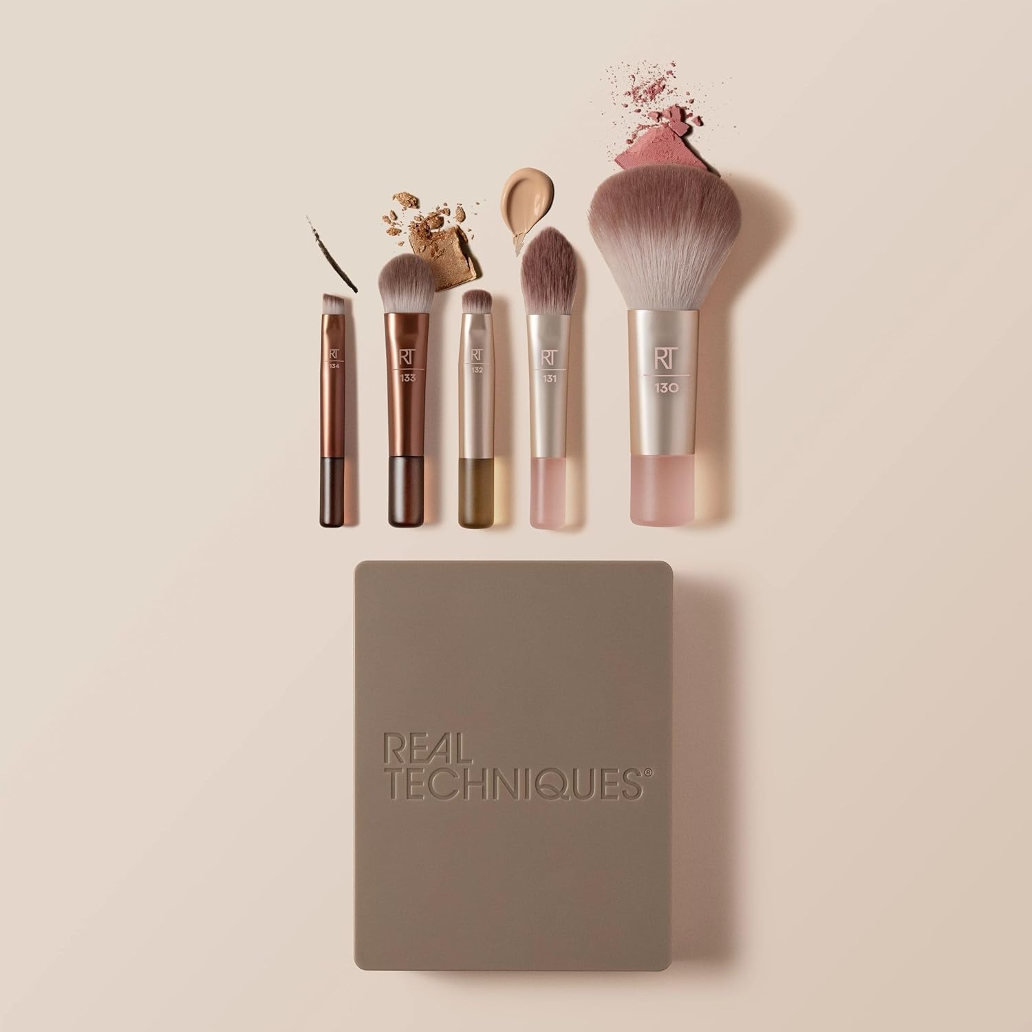 image:imageReal Techniques New Nudes Blurred Base Kit 5 Piece Face Makeup Brush Set with Powder Puff for Foundation Concealer Blush Contour amp Powder Blending Soft Bristles CrueltyFreeMini Brush Kit 6 Count