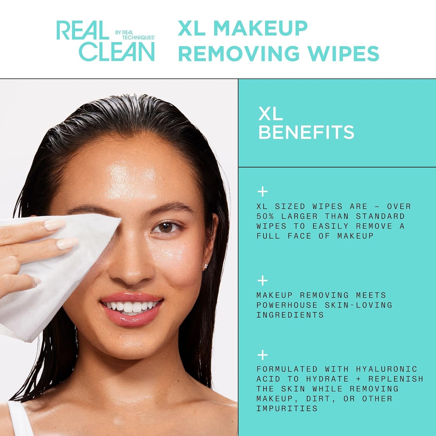 image:imageReal Techniques Real Clean XL Hydrating Facial Wipes Infused With Hyaluronic Acid DualUsage Cleansing Wipes Repair Skin amp Gently Remove Makeup Fragrance Free 25 CountBlue