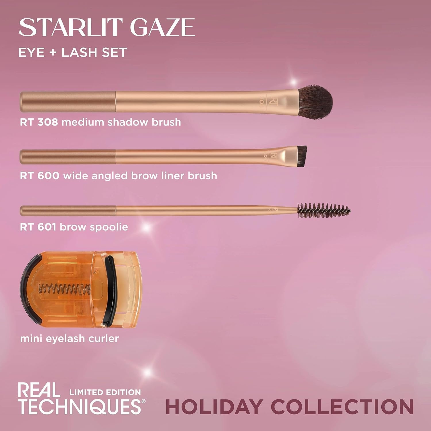 image:imageReal Techniques Starlit Gaze Eye Lash 4 Piece Holiday Gift Set Eye Makeup Brush Set For Eyeshadow amp Brow Products Mini Eyelash Curler For Travel Stocking Stuffer Limited Edition CrueltyFree
