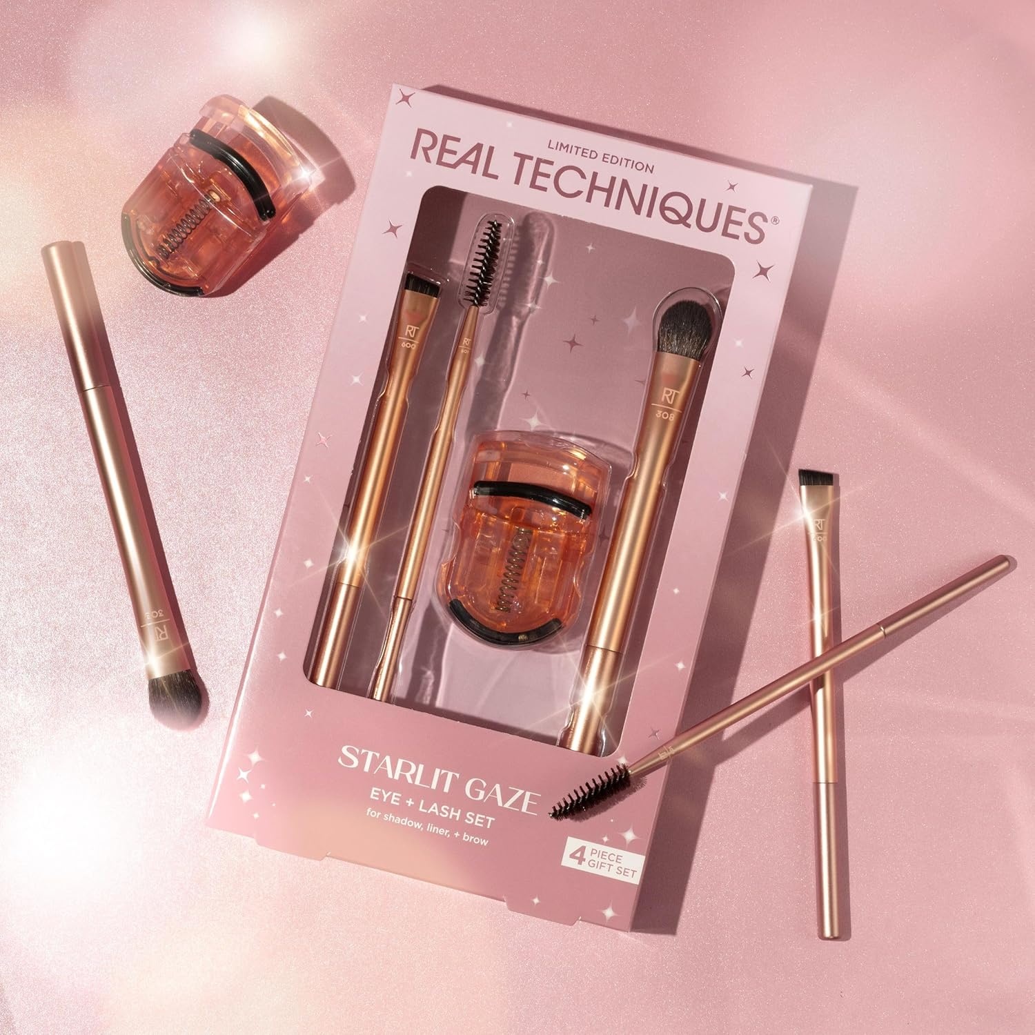 image:imageReal Techniques Starlit Gaze Eye Lash 4 Piece Holiday Gift Set Eye Makeup Brush Set For Eyeshadow amp Brow Products Mini Eyelash Curler For Travel Stocking Stuffer Limited Edition CrueltyFree