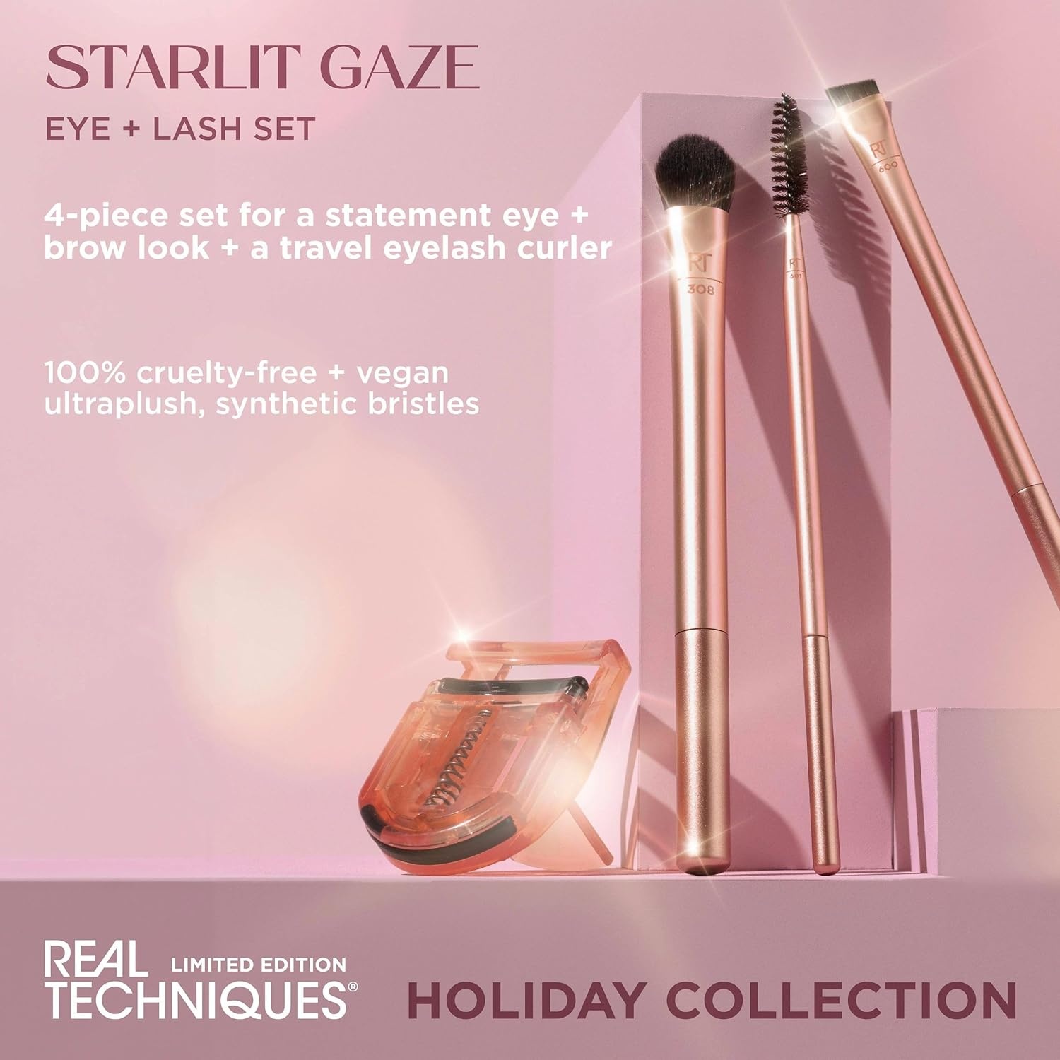 image:imageReal Techniques Starlit Gaze Eye Lash 4 Piece Holiday Gift Set Eye Makeup Brush Set For Eyeshadow amp Brow Products Mini Eyelash Curler For Travel Stocking Stuffer Limited Edition CrueltyFree