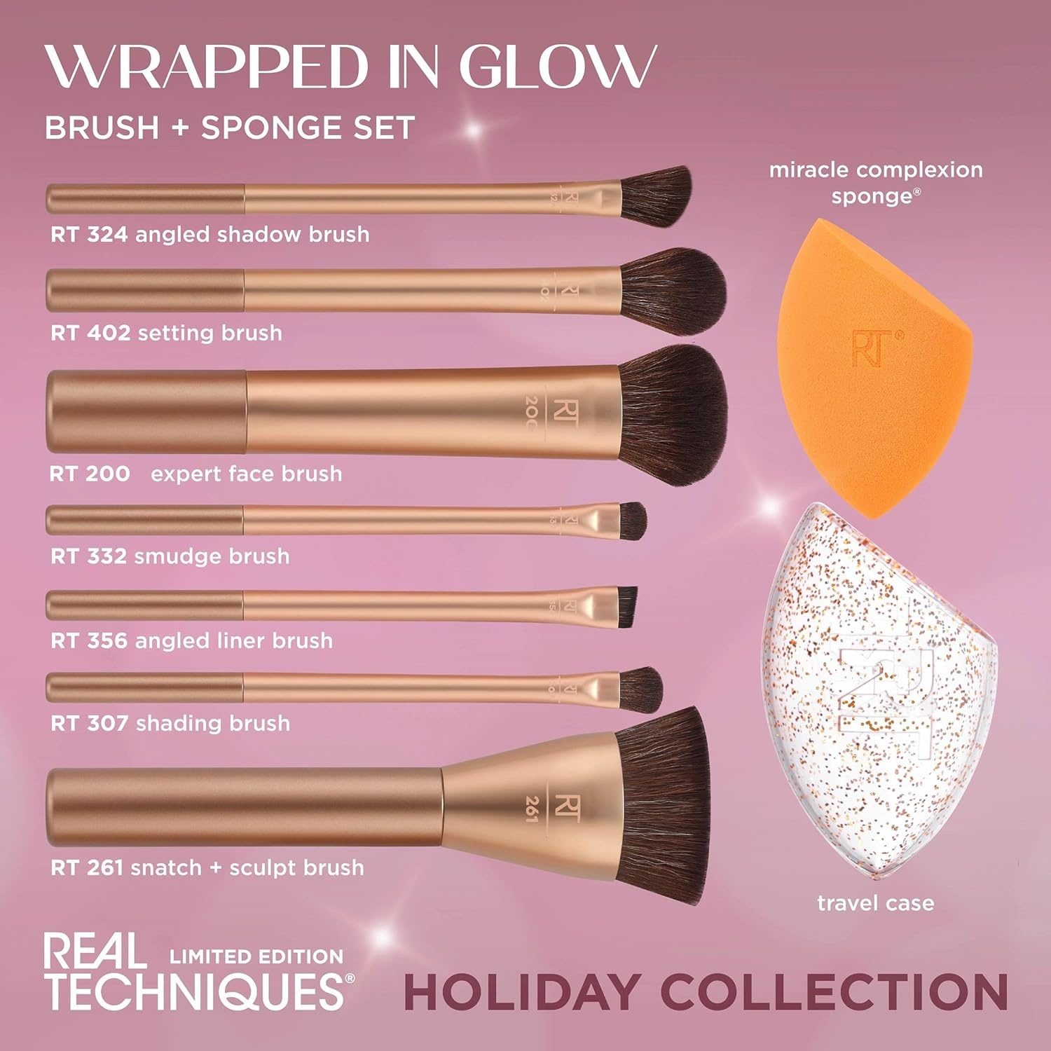 image:imageReal Techniques Wrapped In Glow Brush Sponge 9 Piece Holiday Gift Set Complete Makeup Brush Set Foundation Sponge Seamless Blending amp Travel Case Stocking Stuffer Limited Edition LatexFree