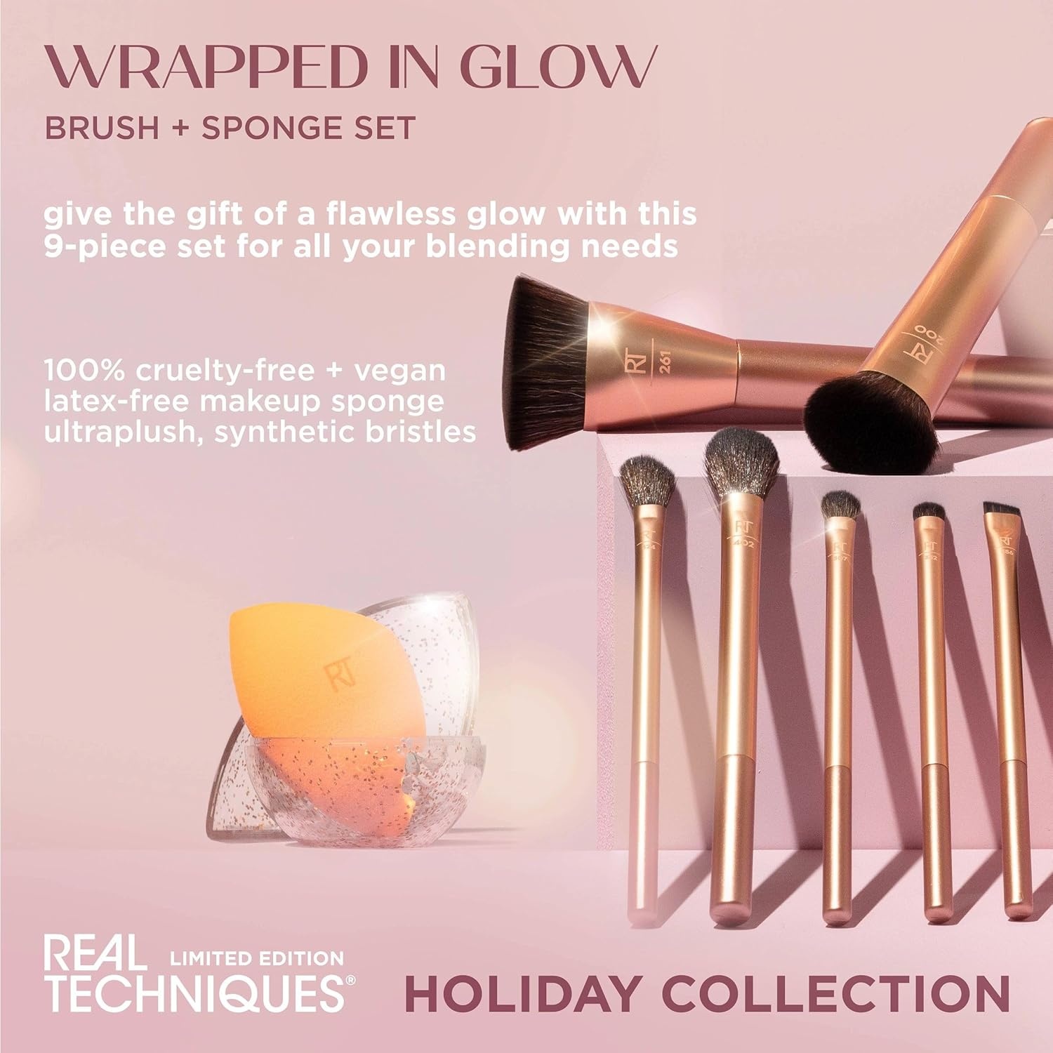 image:imageReal Techniques Wrapped In Glow Brush Sponge 9 Piece Holiday Gift Set Complete Makeup Brush Set Foundation Sponge Seamless Blending amp Travel Case Stocking Stuffer Limited Edition LatexFree
