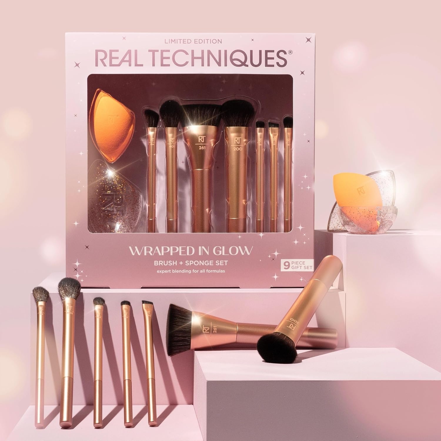 image:imageReal Techniques Wrapped In Glow Brush Sponge 9 Piece Holiday Gift Set Complete Makeup Brush Set Foundation Sponge Seamless Blending amp Travel Case Stocking Stuffer Limited Edition LatexFree