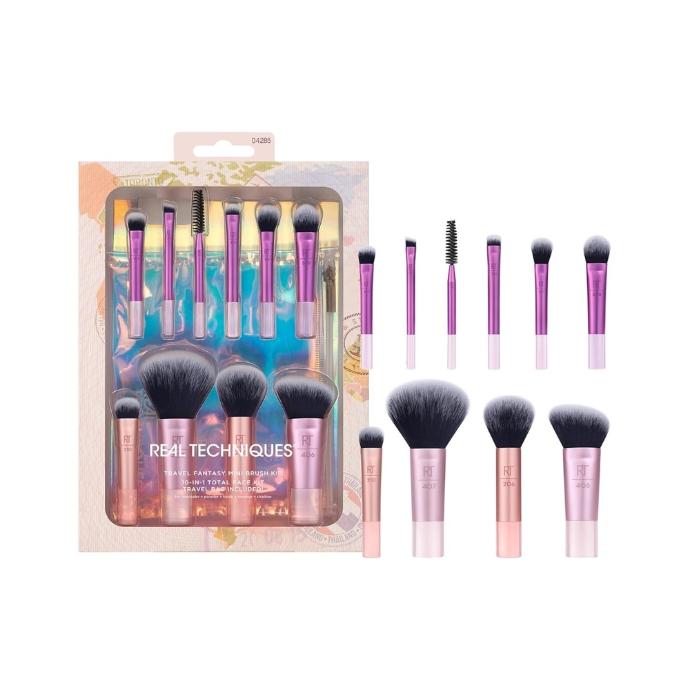 image:imageReal Techniques 11 Piece Travel Fantasy Mini Brush Set Travel Size Makeup Brushes For Foundation Eyeshadow Powder Blush Contour amp Concealer Makeup Bag Included Gift Set CrueltyFree10 Piece Set