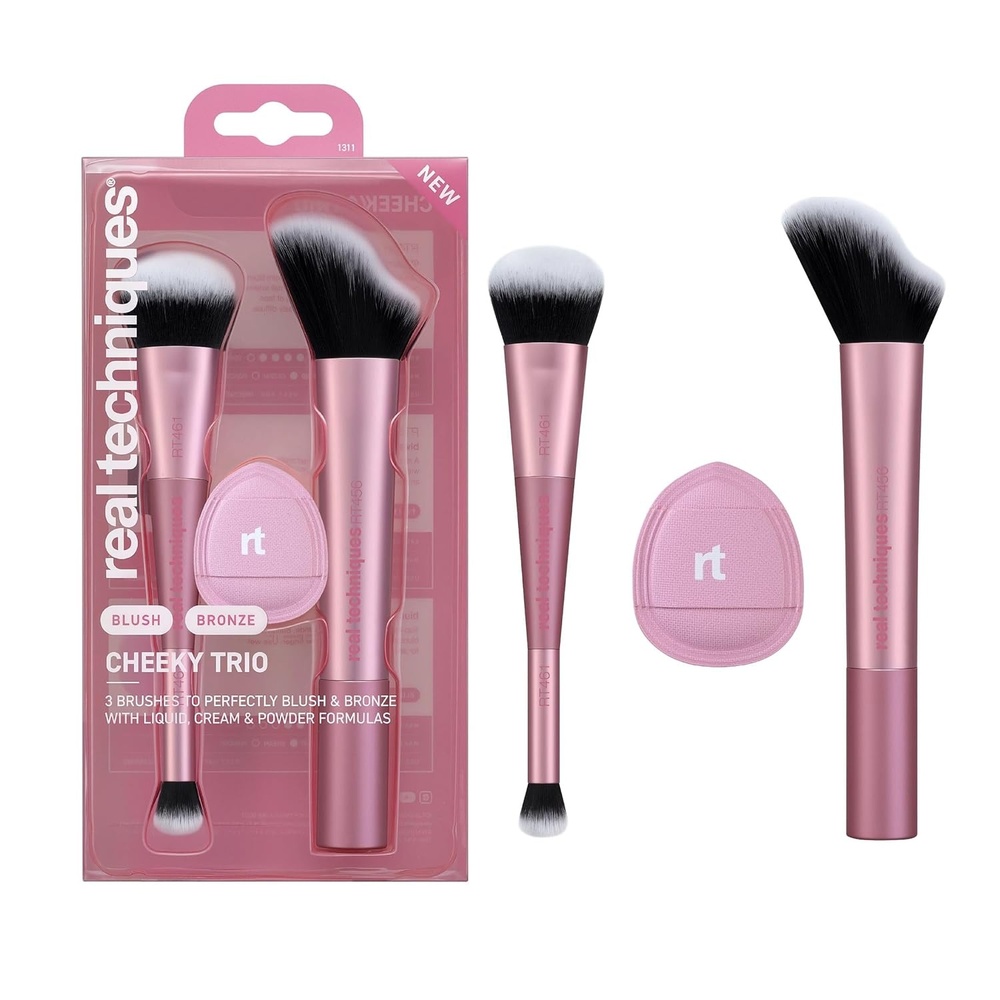 image:imageReal Techniques 3 Piece Cheeky Trio Makeup Brush Set Blush amp Bronzer Brush Set Cream amp Liquid Blush Brush Bronzing Brush amp Blurring Blush Puff Vegan amp CrueltyFree