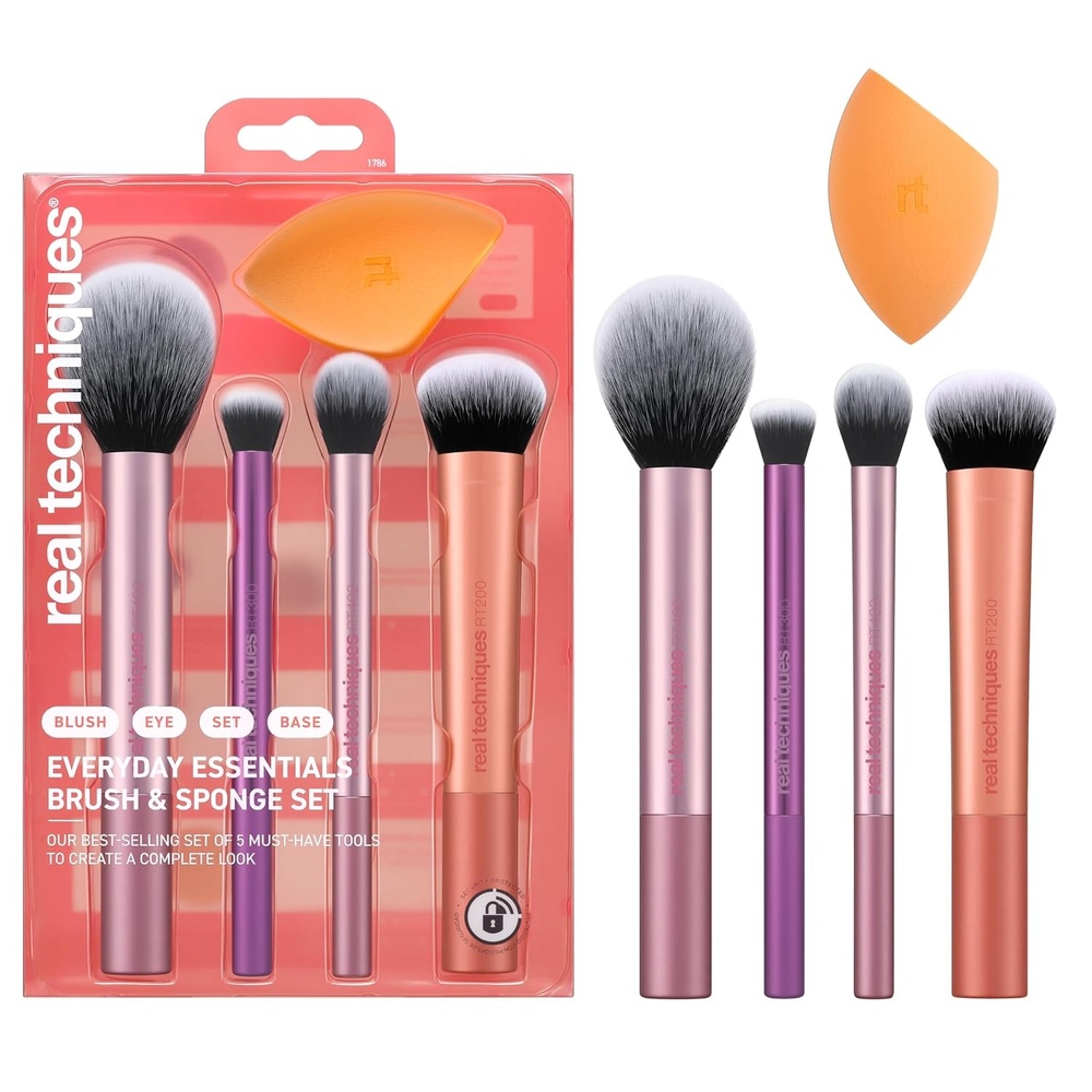 image:imageReal Techniques 5 Piece Everyday Essentials Makeup Brush Set Includes 4 Brushes amp Makeup Sponge For Foundation Blush Bronzer Contour Eyeshadow amp Powder Travel Gift Set CrueltyFree amp VeganEveryday Essentials Set 5 PC