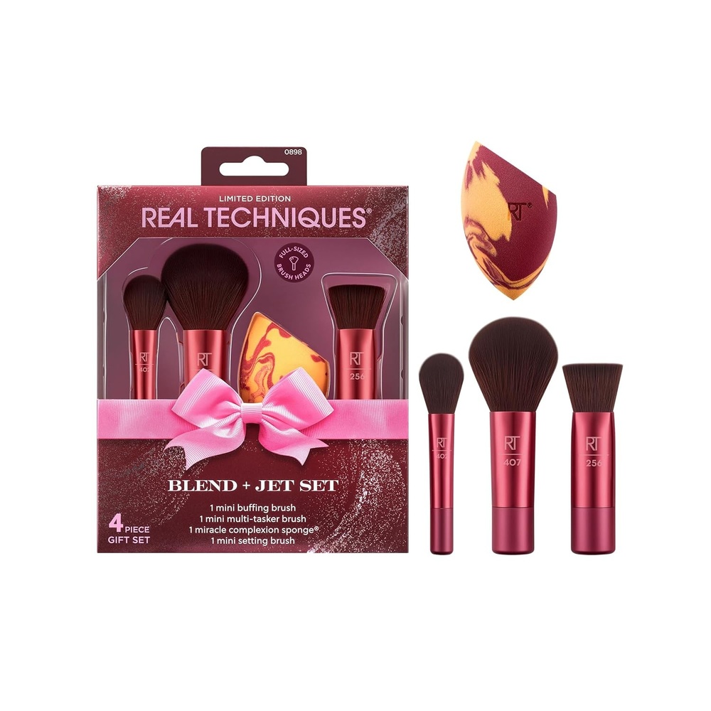 image:imageReal Techniques Blend  Jet Set Travel Makeup Brush amp Sponge Set 4 Piece Mini Holiday Gift Set for Foundation Blush amp Setting Powder Compact amp Travel Friendly CrueltyFree amp Vegan