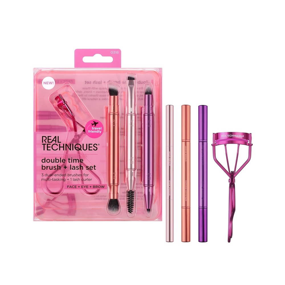 image:imageReal Techniques Double Time Brush Lash 4 Piece Set DualEnded Eye Makeup Brushes For Eyeshadow amp Brows TravelFriendly Brush Caps For Storage Eyelash Curler Included CrueltyFree
