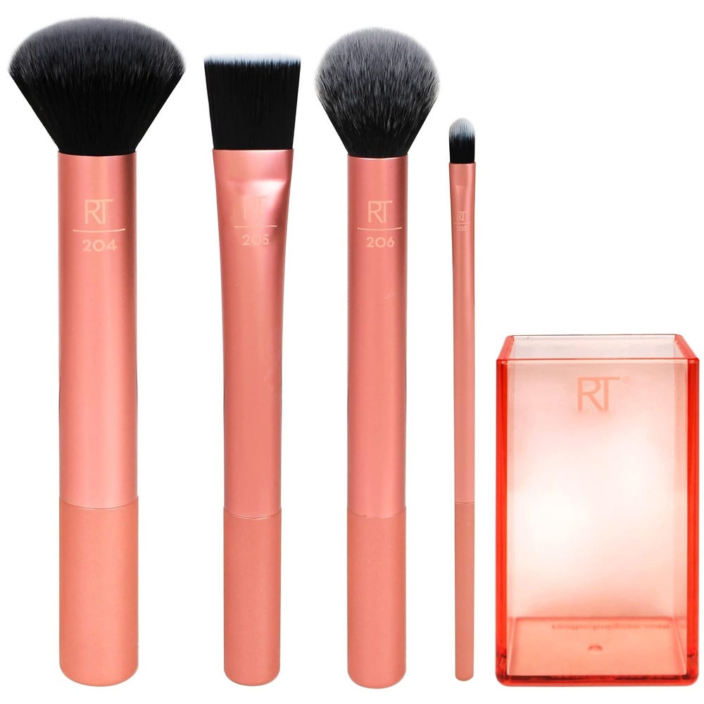 image:imageReal Techniques Flawless Base Brush Set With Ultra Plush Custom Cut Synthetic Bristles and Extended Aluminum Ferrules to Build Coverage for Every Makeup Application Need Orange 5 Piece