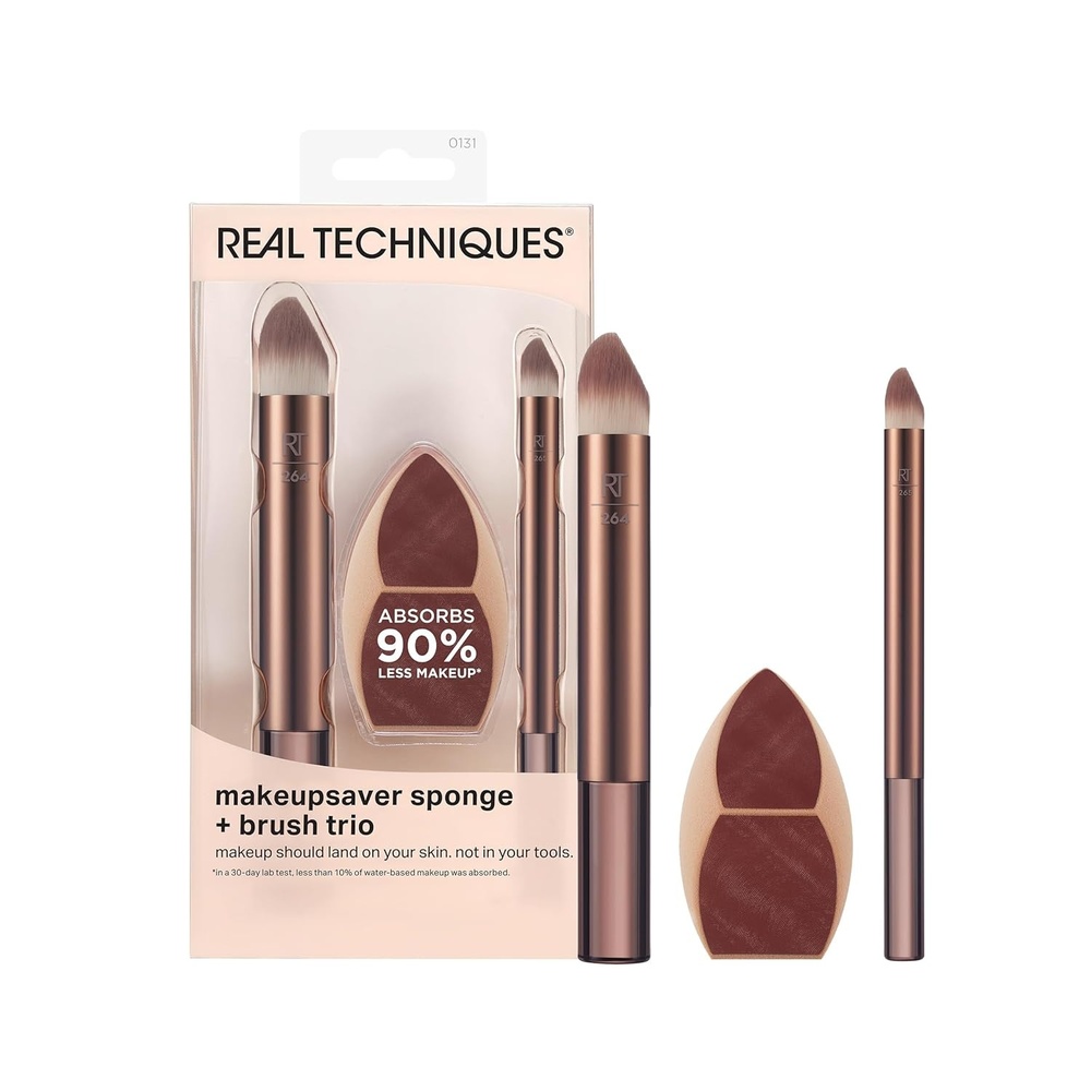 image:imageReal Techniques Makeupsaver Sponge Brush Trio Makeup Blending Sponge amp Brushes For Liquid amp Cream Foundation Natural Finish amp Reduces Makeup Waste Cruelty amp LatexFree 3 Piece Set