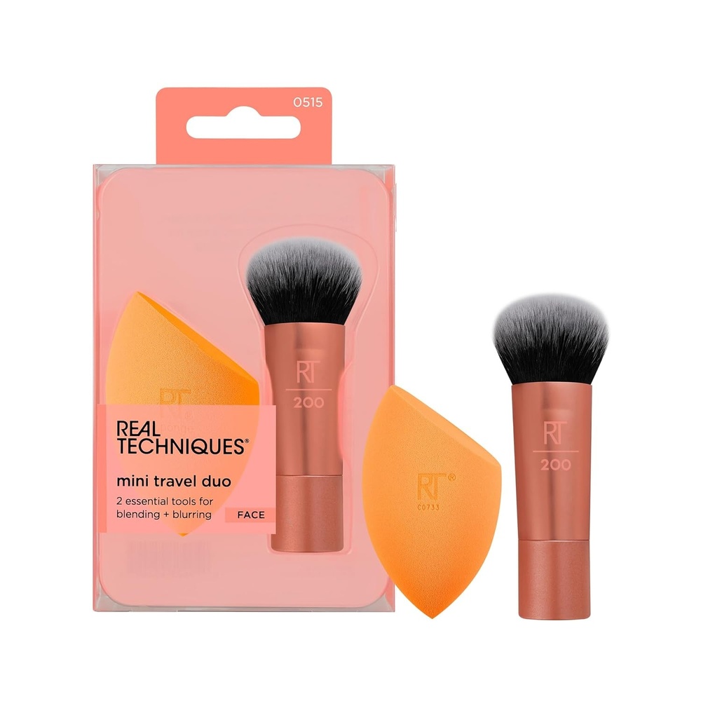 image:imageReal Techniques Mini Travel Duo Makeup Brush Set For Traveling Mini Foundation Brush amp Makeup Blender Sponge For Blending OnTheGo Achieve A Complete Base Latex amp CrueltyFree 2 Piece Set