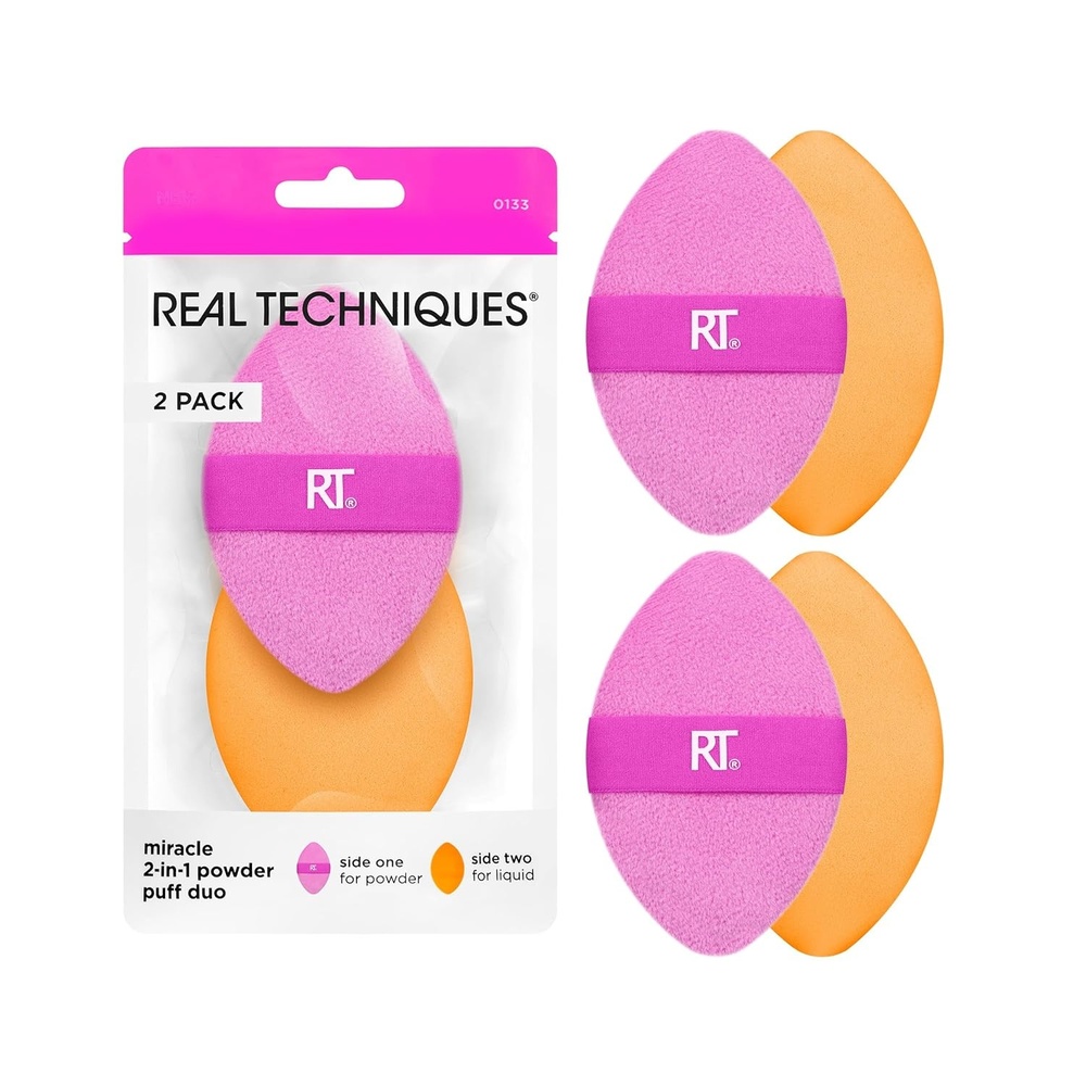 image:imageReal Techniques Miracle 2In1 Powder Puff 2 Pack DualSided Full Size Makeup Blending Puff Reversible Elastic Band Makeup Sponge amp Powder Puff For Liquid Cream amp Powder Products CruletyFree