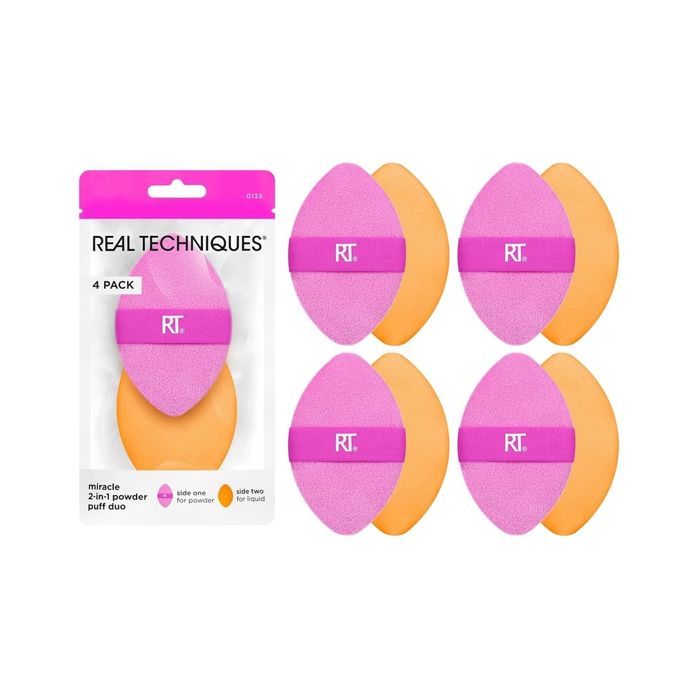 image:imageReal Techniques Miracle 2In1 Powder Puff 4 Pack DualSided Full Size Makeup Blending Puff Reversible Elastic Band Makeup Sponge amp Powder Puff For Liquid Cream amp Powder Products CrueltyFree