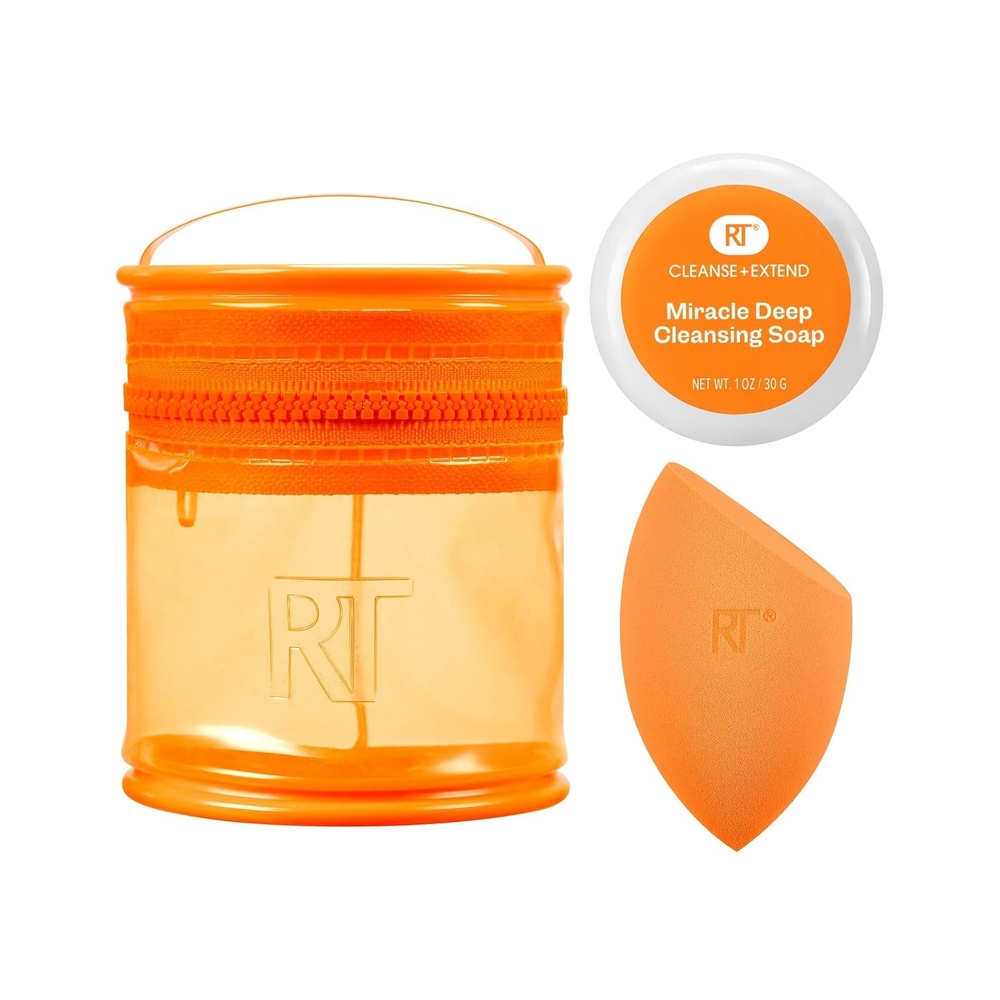 image:imageReal Techniques Miracle Blend  Cleanse 3 Piece Set Makeup Sponge For Blending Foundation amp Solid Soap For Deep Cleaning Sponges Includes Travel Storage Tote CrueltyFree amp LatexFree