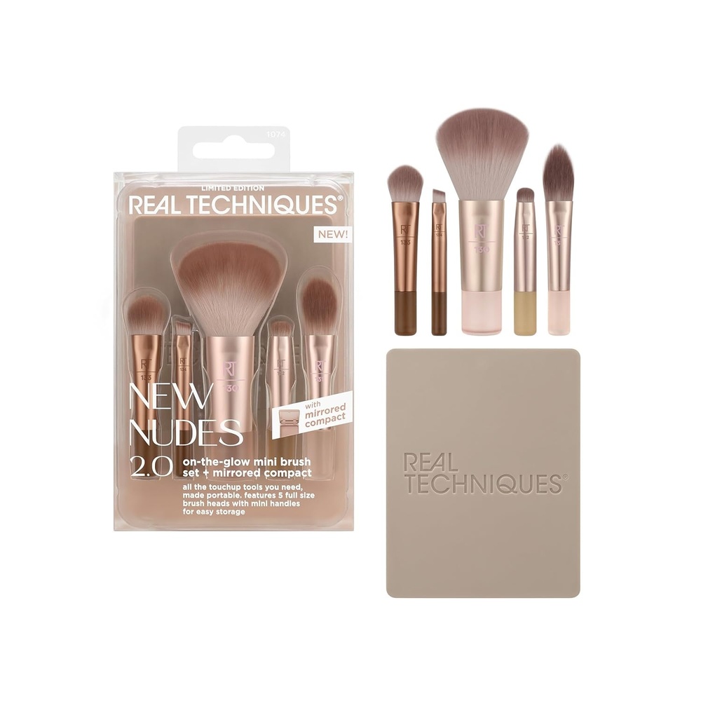 image:imageReal Techniques New Nudes Blurred Base Kit 5 Piece Face Makeup Brush Set with Powder Puff for Foundation Concealer Blush Contour amp Powder Blending Soft Bristles CrueltyFreeMini Brush Kit 6 Count
